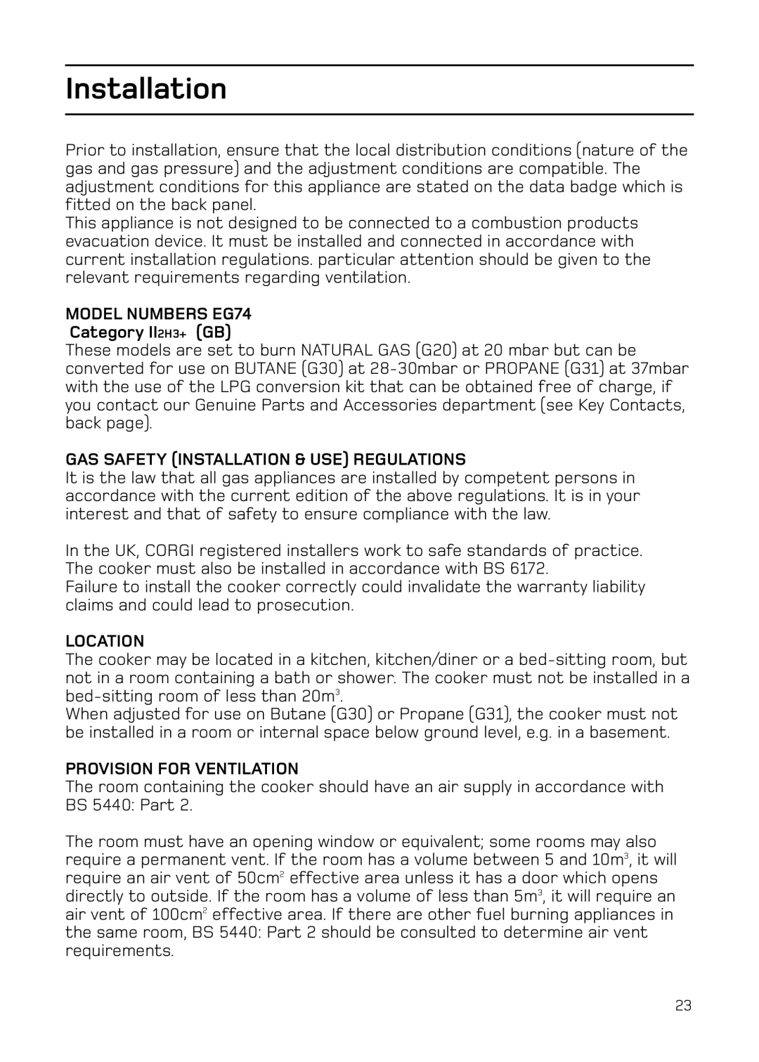 Hotpoint manual Model Numbers EG74, GAS Safety Installation & USE Regulations, Location, Provision for Ventilation 