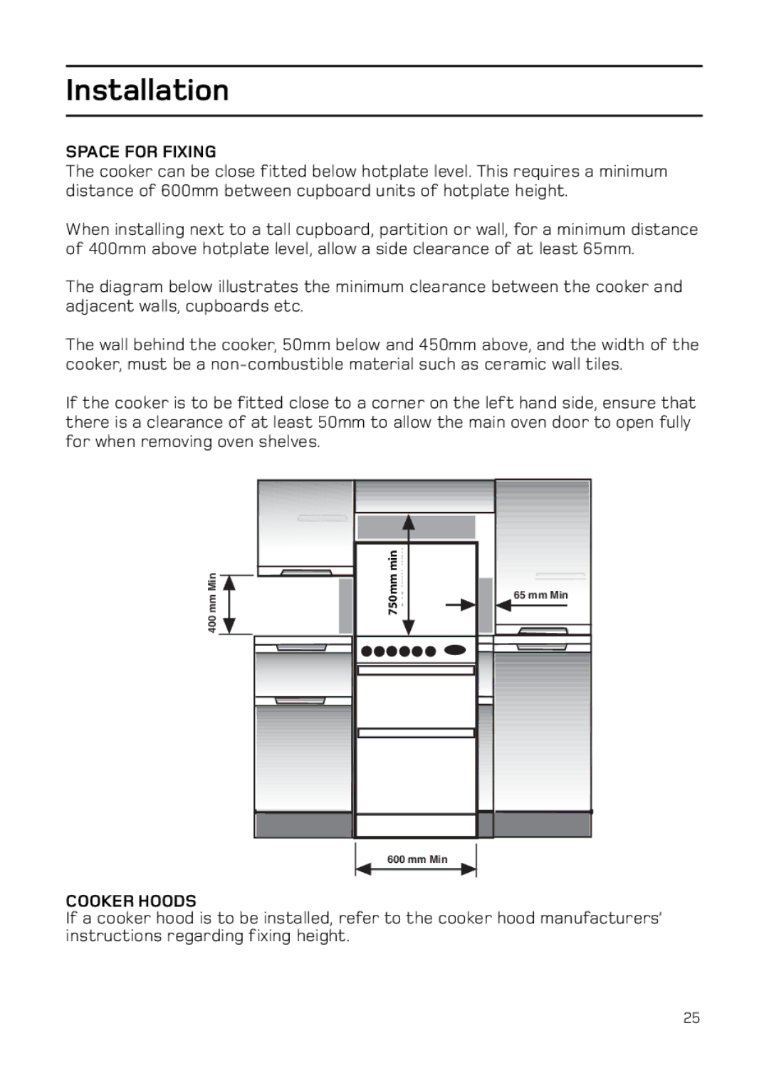 Hotpoint EG74 manual Space for Fixing, Cooker Hoods 