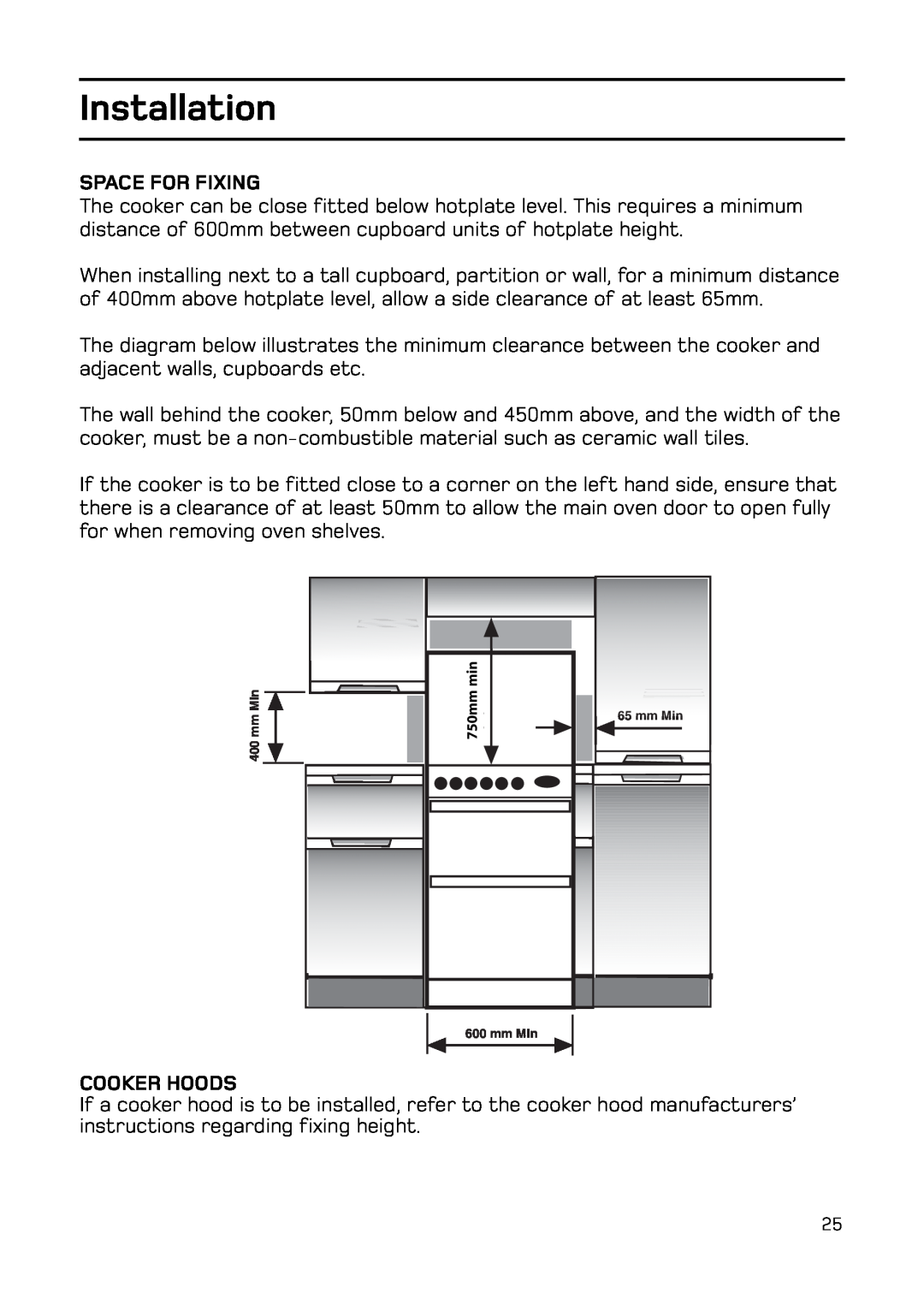 Hotpoint EG74 manual Space For Fixing, Cooker Hoods, Installation, 750mm 