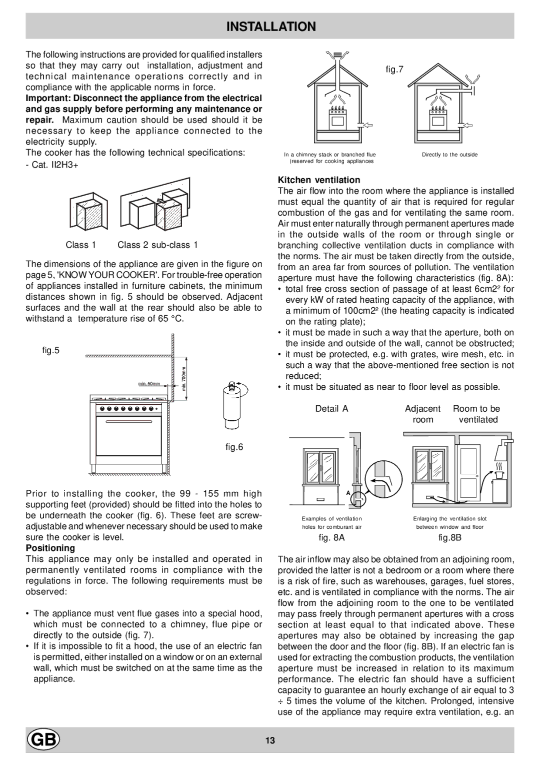 Hotpoint EG900X manual Installation, Positioning, Kitchen ventilation 