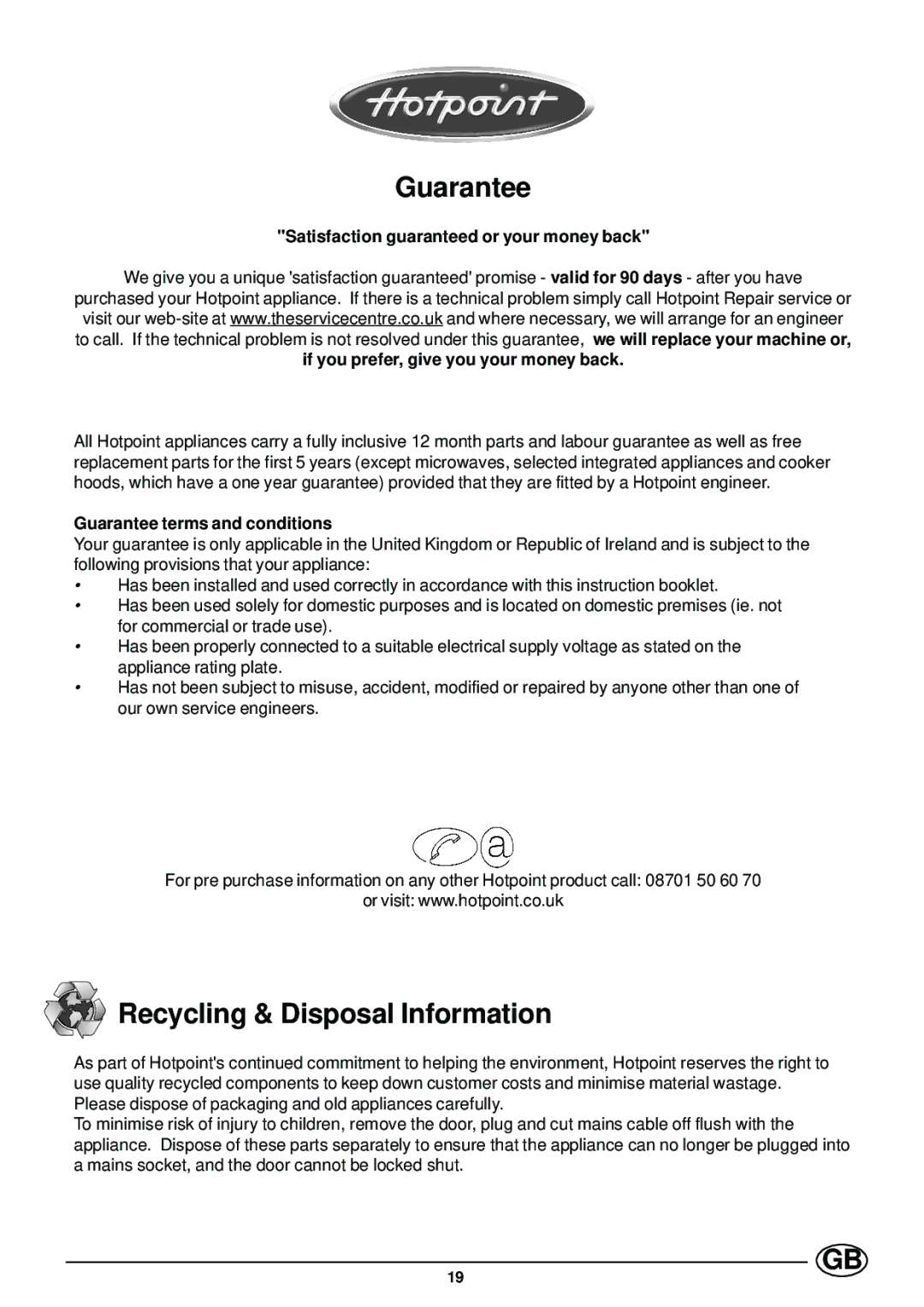 Hotpoint EG900X manual Guarantee, Recycling & Disposal Information 