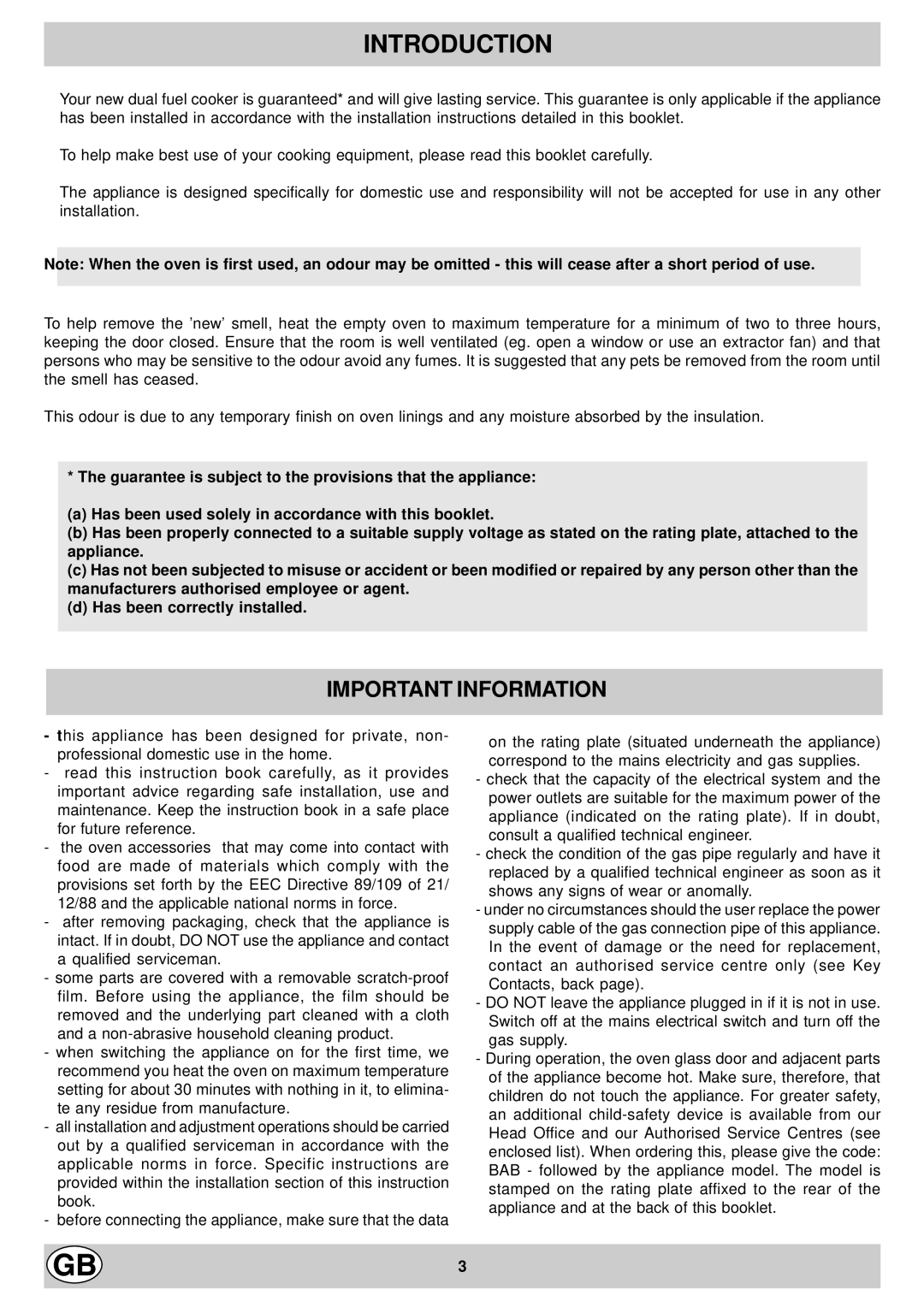 Hotpoint EG900X manual Introduction, Important Information 