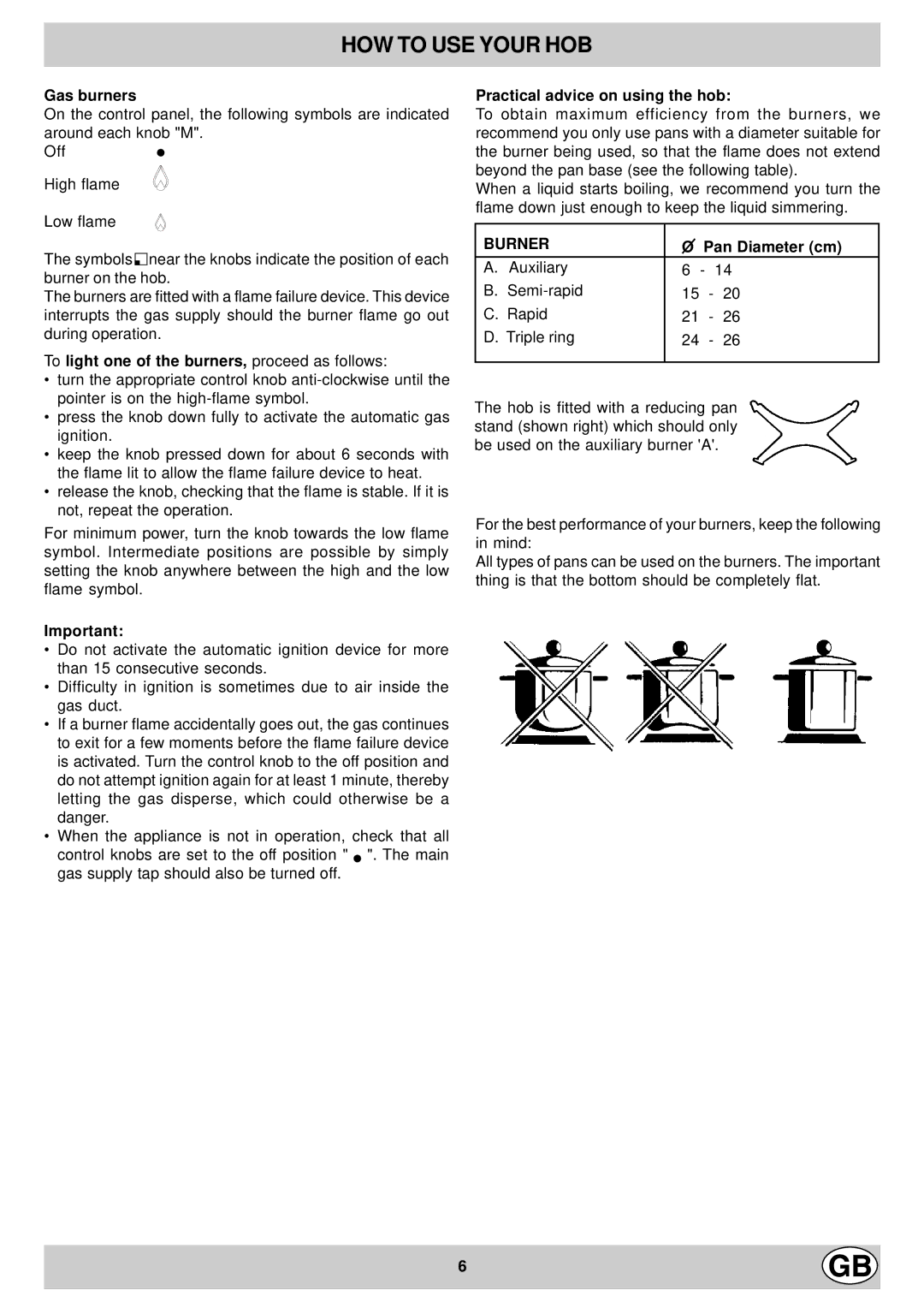 Hotpoint EG900X manual HOW to USE Your HOB, Gas burners, To light one of the burners, proceed as follows, Pan Diameter cm 