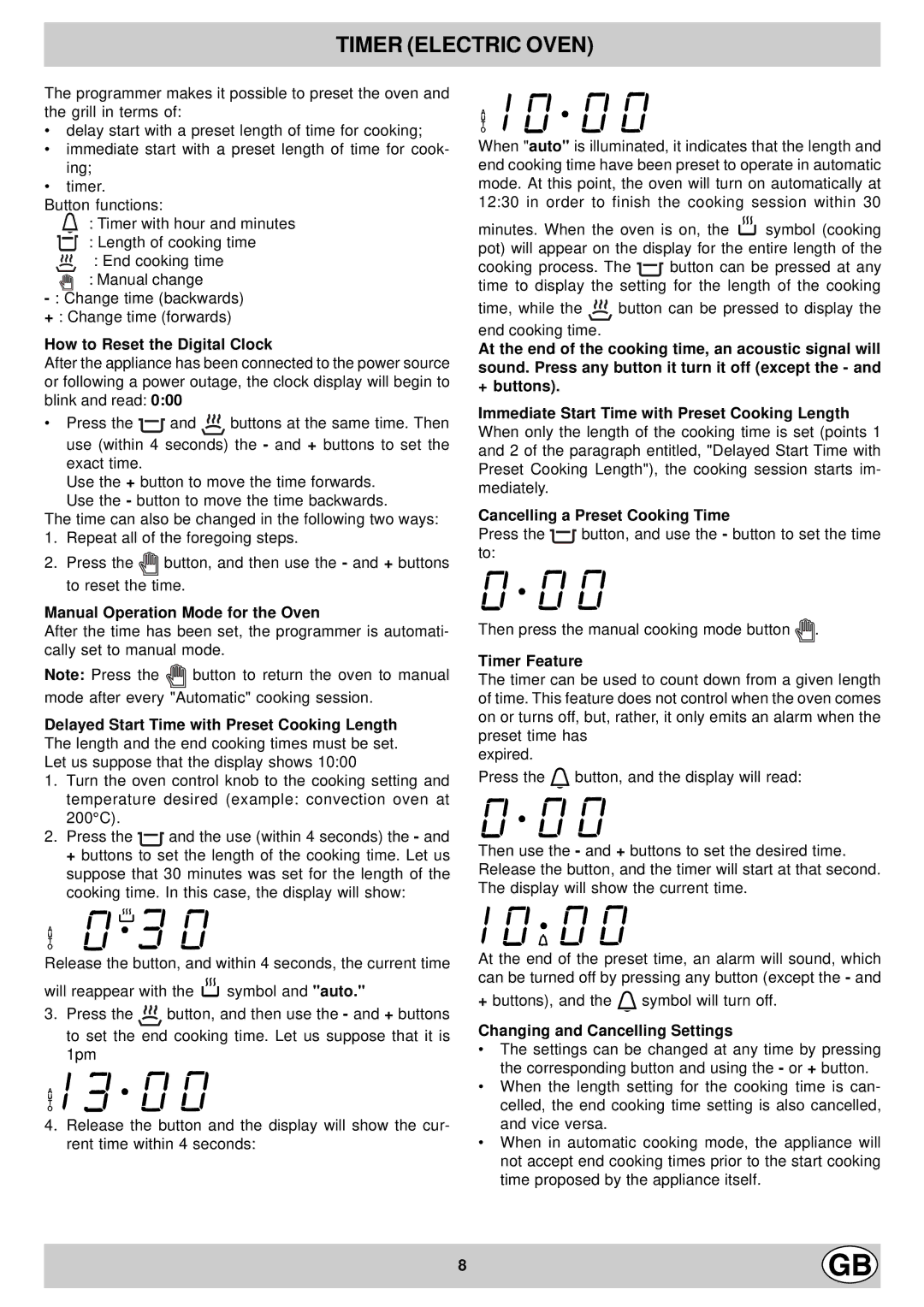 Hotpoint EG900X Timer Electric Oven, How to Reset the Digital Clock, Manual Operation Mode for the Oven, Timer Feature 