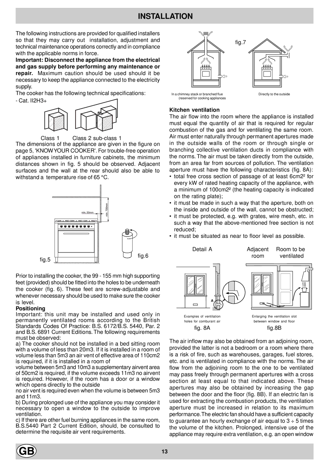 Hotpoint EG900X manual Installation, Kitchen ventilation, Positioning 