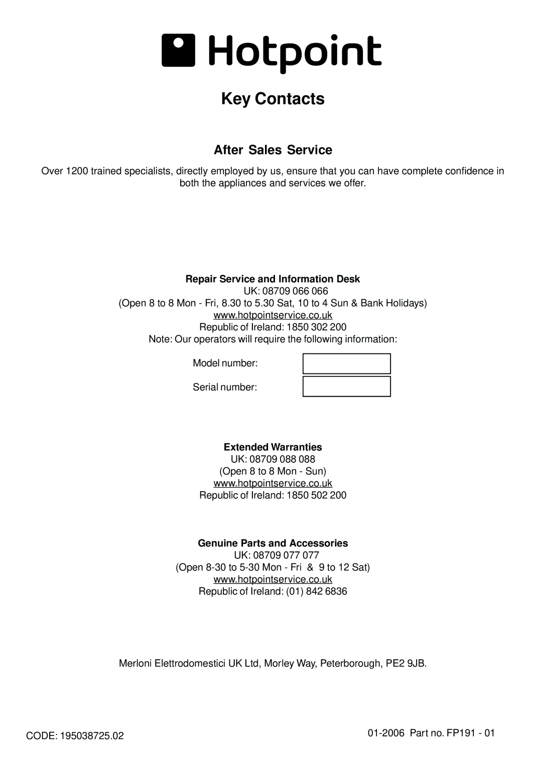 Hotpoint EG900X manual Key Contacts 