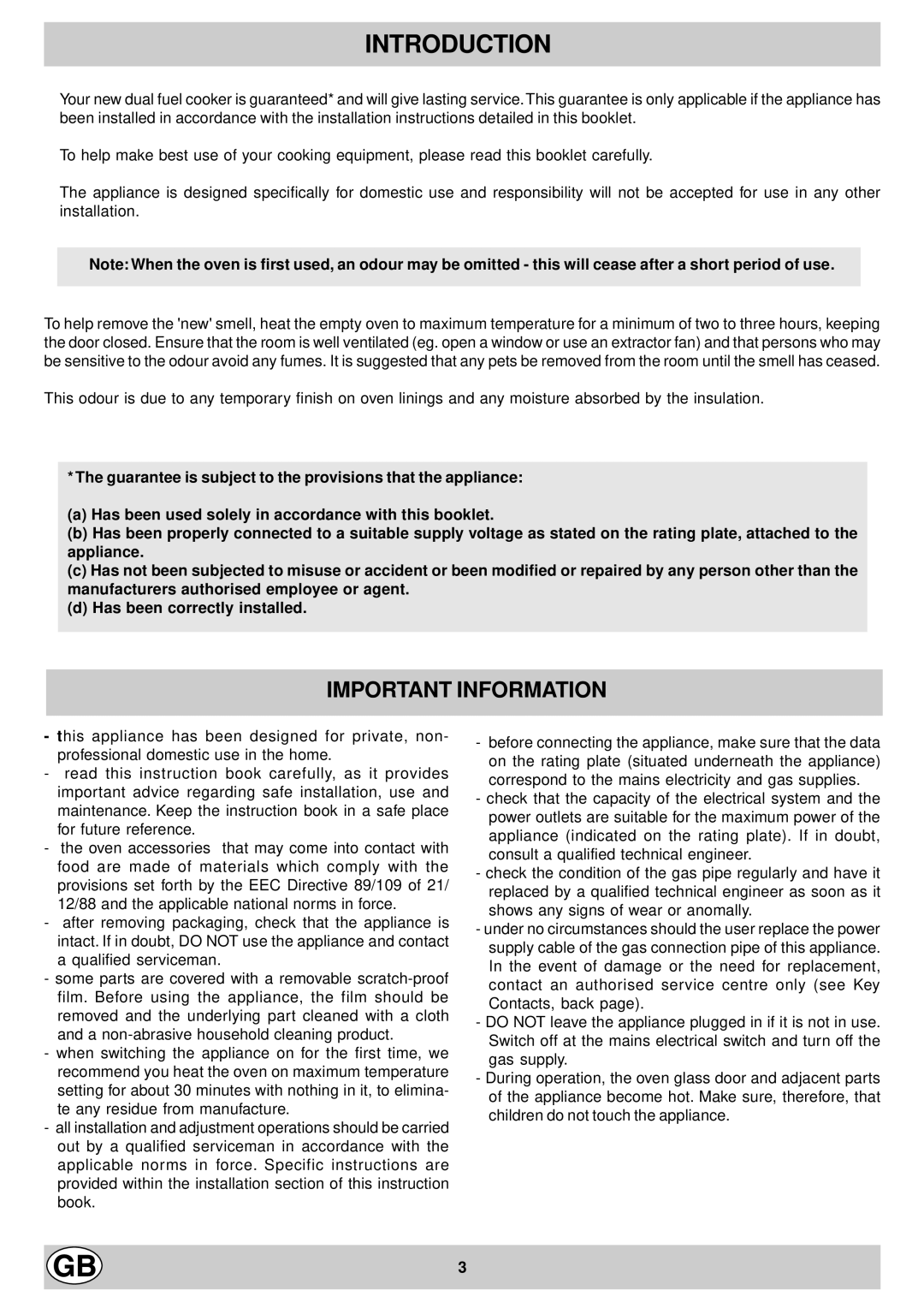 Hotpoint EG900X manual Introduction, Important Information 