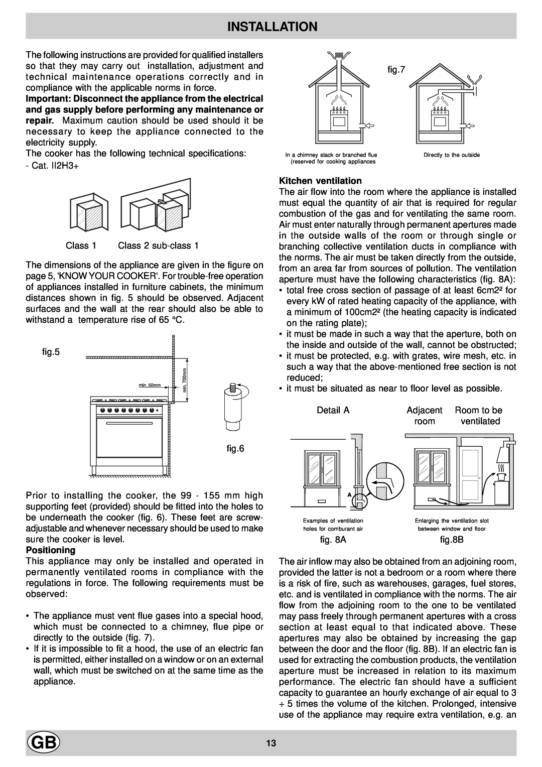 Hotpoint EG900X manual Installation, Positioning, Kitchen ventilation 