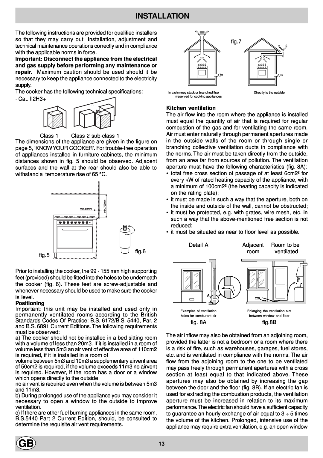 Hotpoint EG900X manual Installation, Kitchen ventilation, Positioning 
