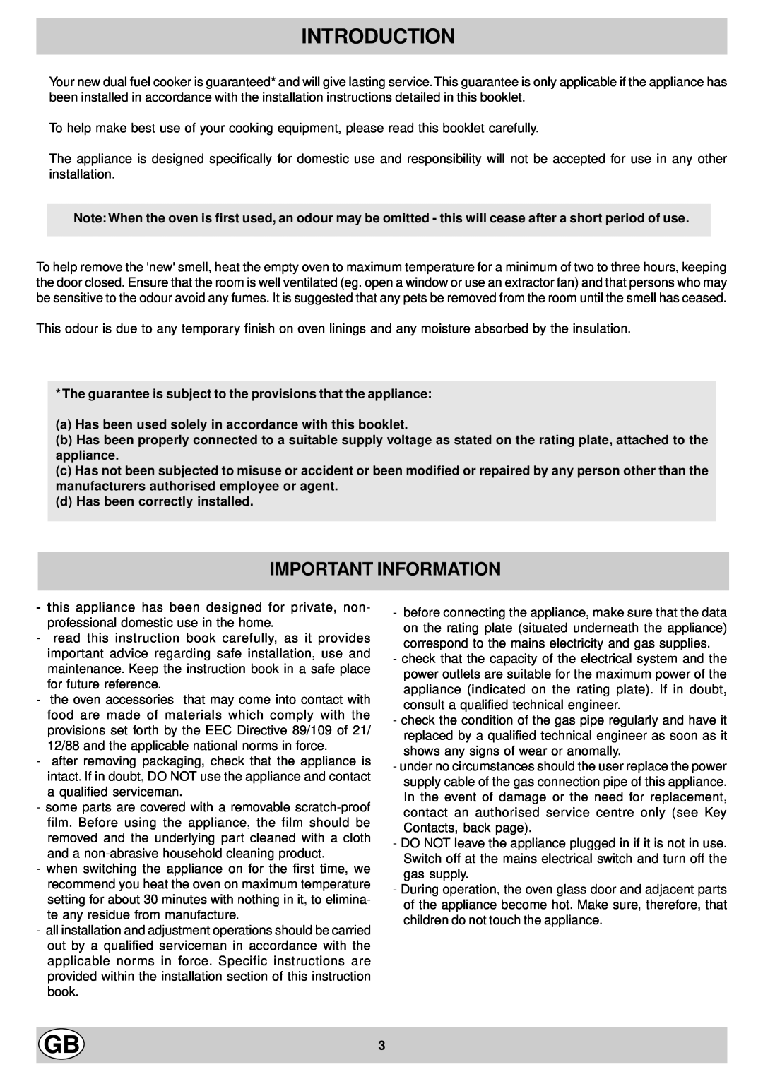 Hotpoint EG900X manual Introduction, Important Information, The guarantee is subject to the provisions that the appliance 