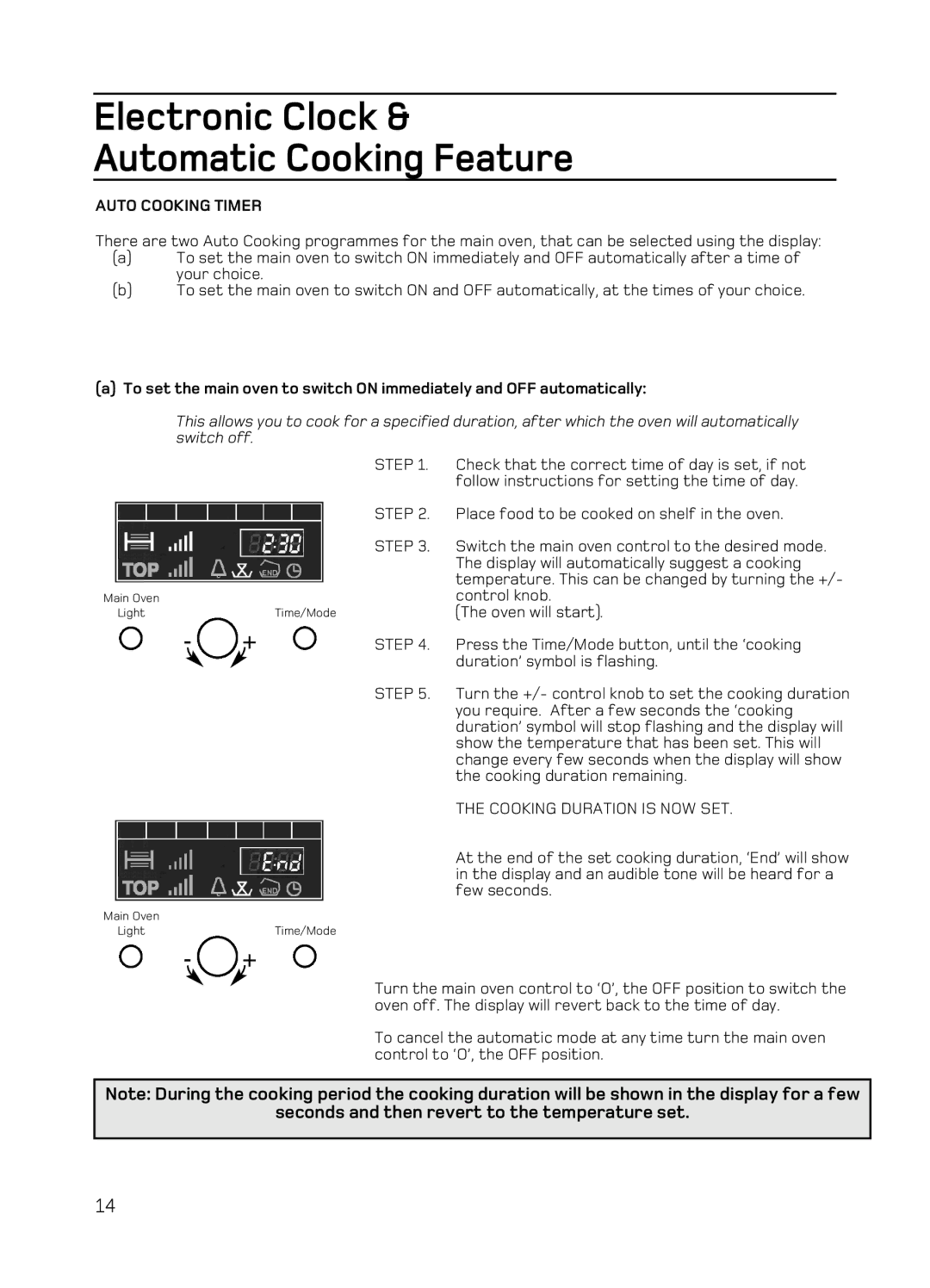 Hotpoint EG94 manual Seconds and then revert to the temperature set, Auto Cooking Timer 