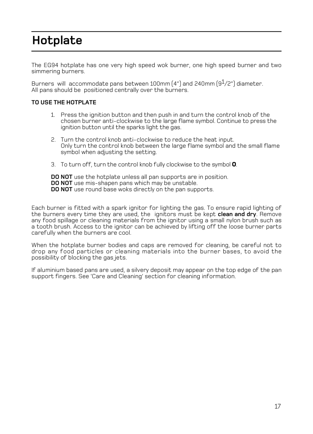 Hotpoint EG94 manual To USE the Hotplate 