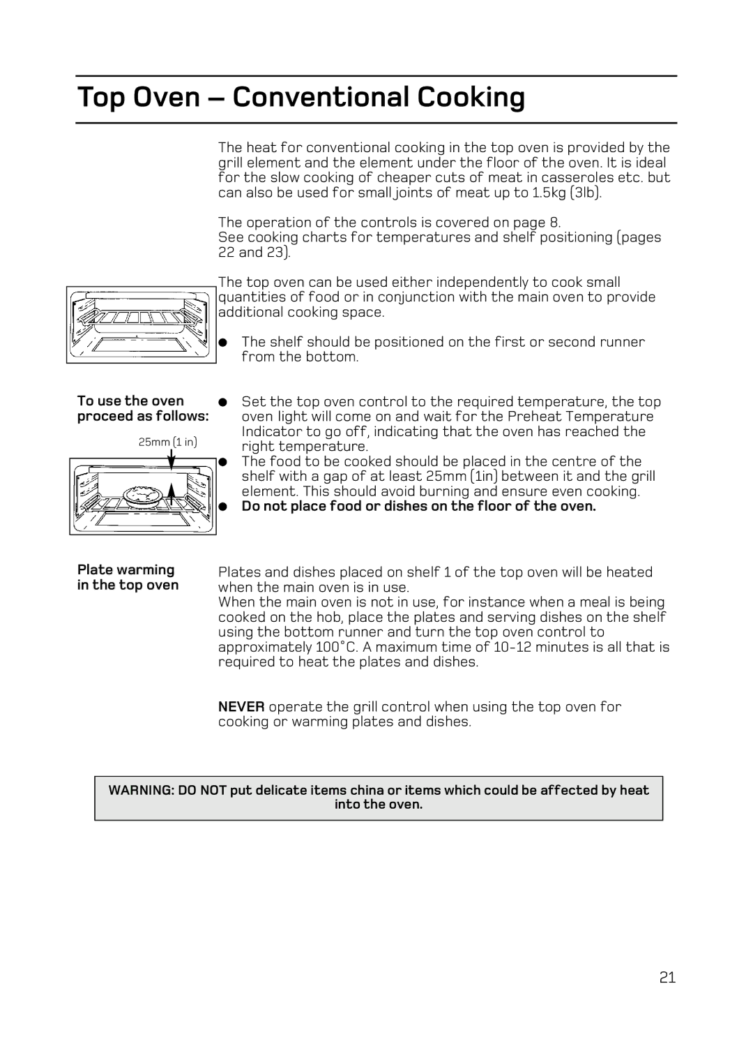 Hotpoint EG94 manual Top Oven Conventional Cooking, Plate warming in the top oven 