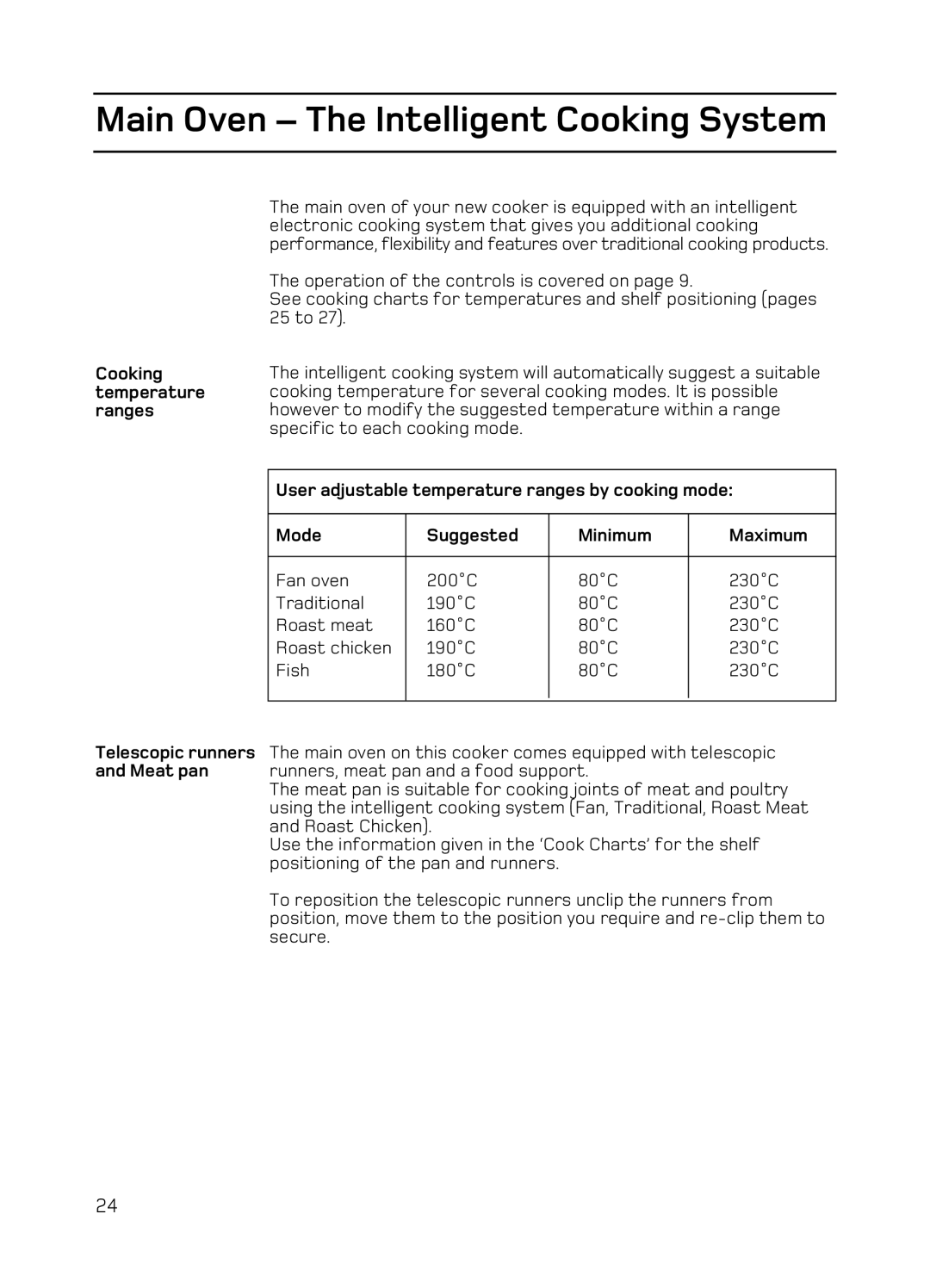 Hotpoint EG94 manual Main Oven The Intelligent Cooking System, Cooking temperature ranges 