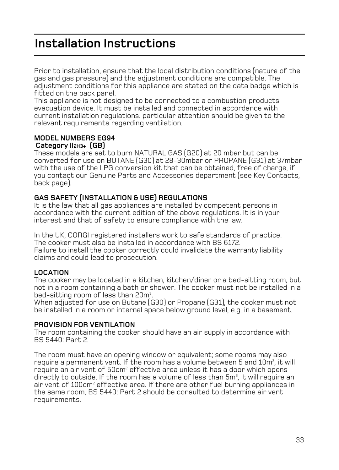 Hotpoint manual Model Numbers EG94, GAS Safety Installation & USE Regulations, Location, Provision for Ventilation 