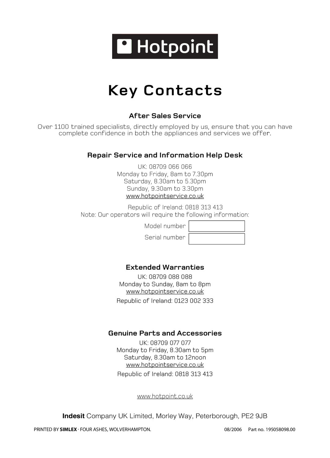 Hotpoint EG94 manual Key Contacts 