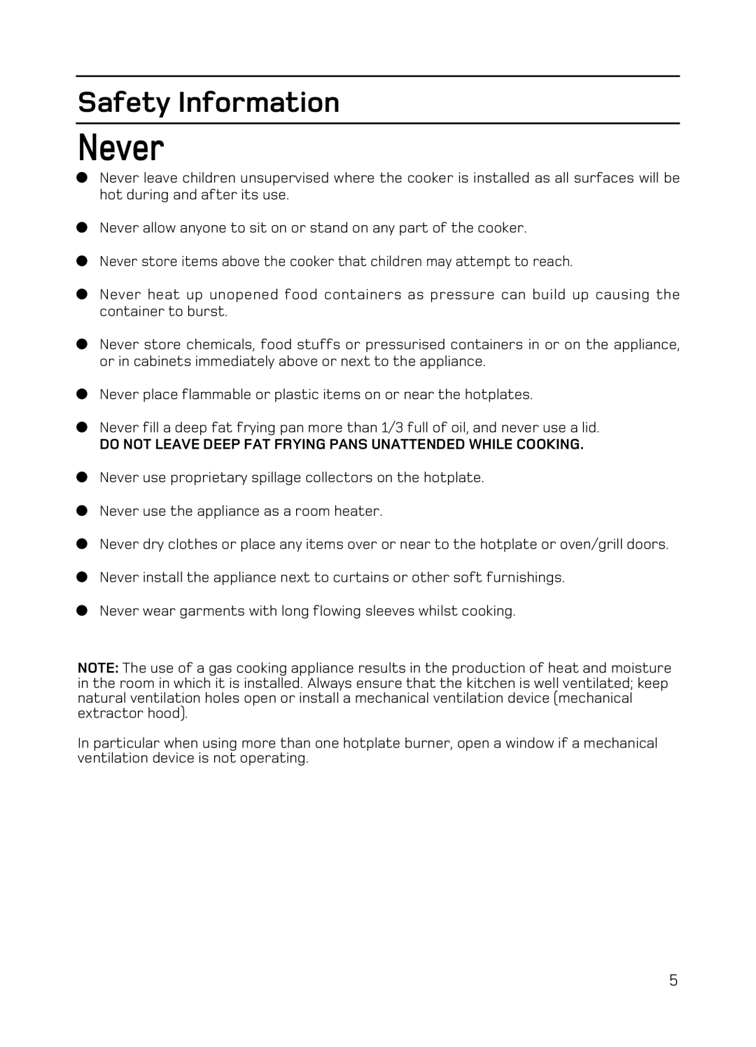 Hotpoint EG94 manual Never, Do not Leave Deep FAT Frying Pans Unattended While Cooking 