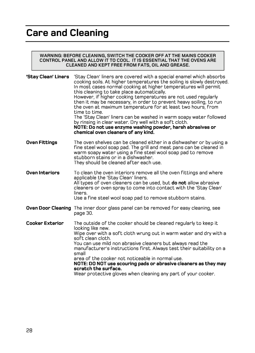 Hotpoint EG94 manual Care and Cleaning, ‘Stay Clean’ Liners, NOTE Do not use enzyme washing powder, harsh abrasives or 