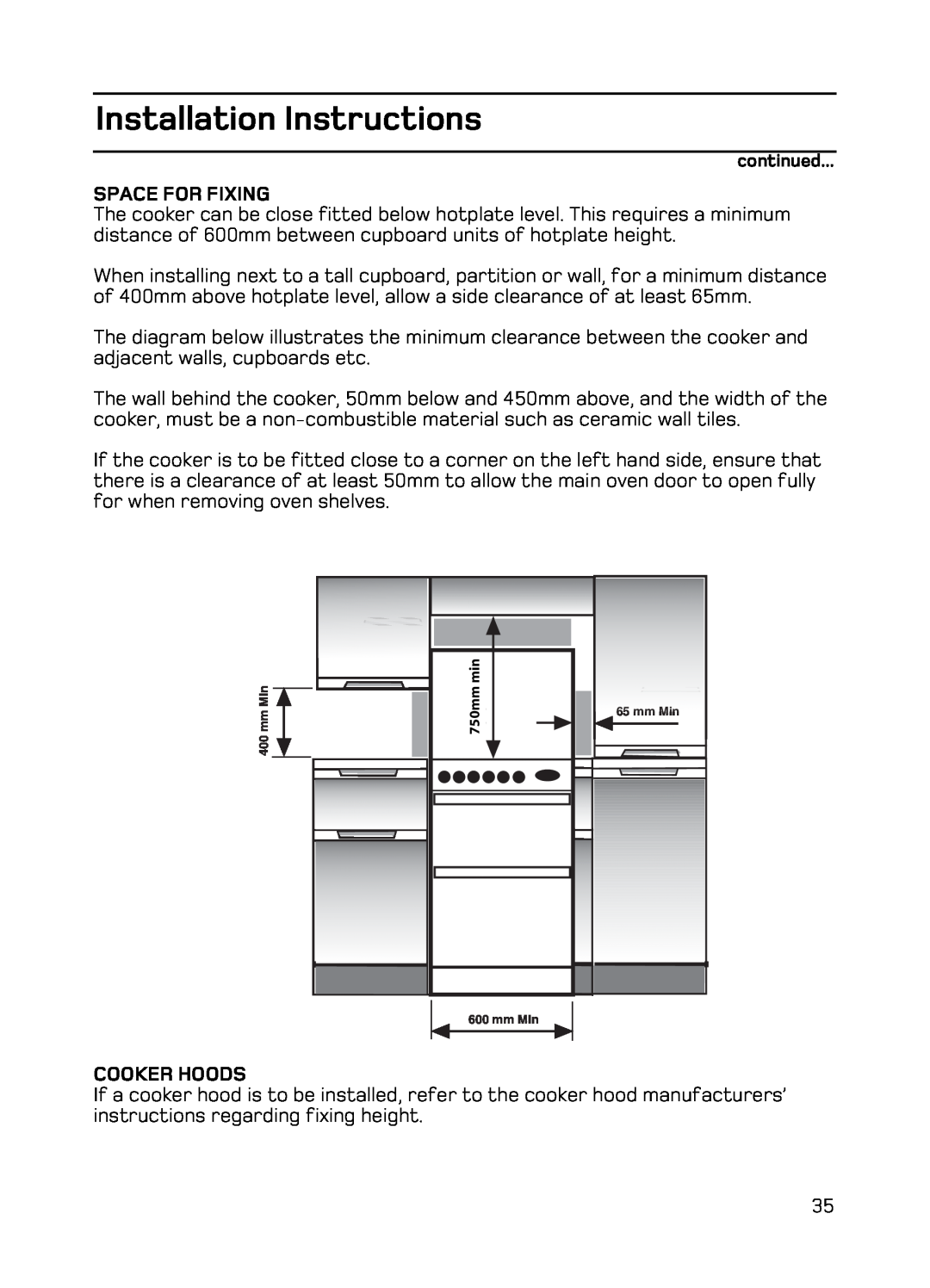 Hotpoint EG94 manual Space For Fixing, Cooker Hoods, Installation Instructions, 750mm 