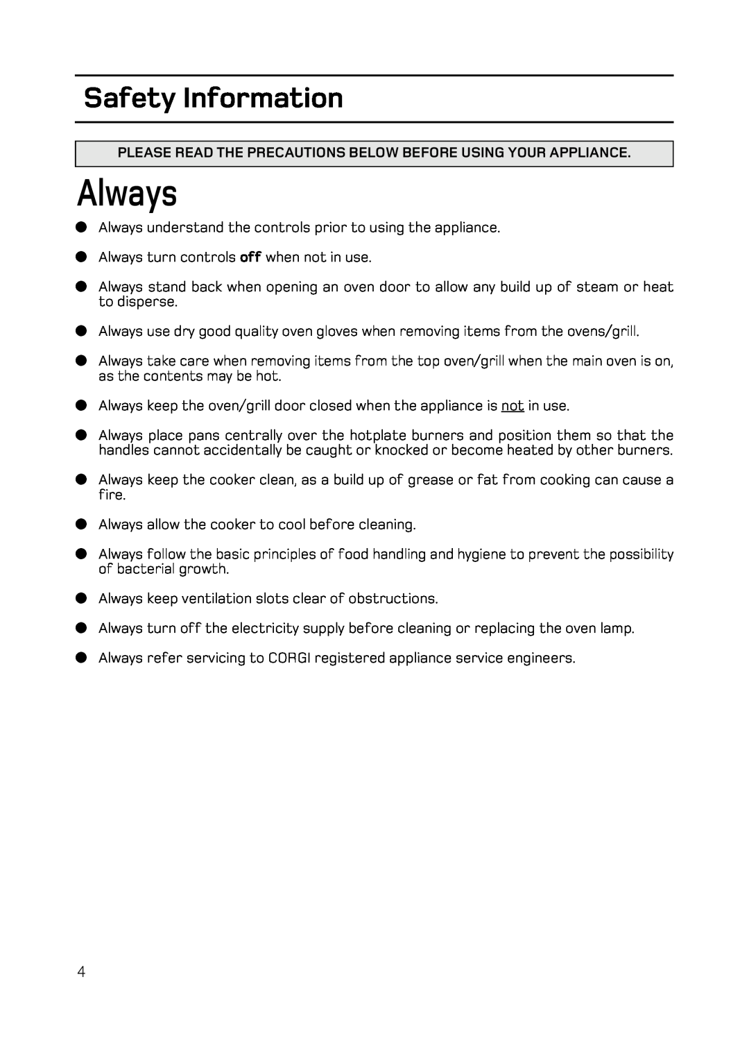 Hotpoint EG94 manual Always, Safety Information, Please Read The Precautions Below Before Using Your Appliance 