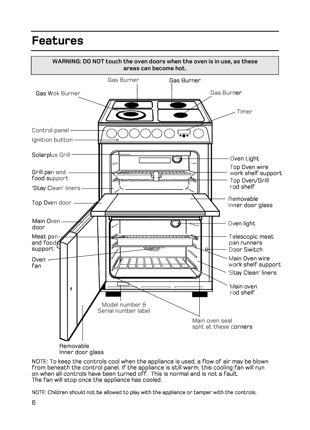 Hotpoint EG94 manual Features, WARNING DO NOT touch the oven doors when the oven is in use, as these, areas can become hot 
