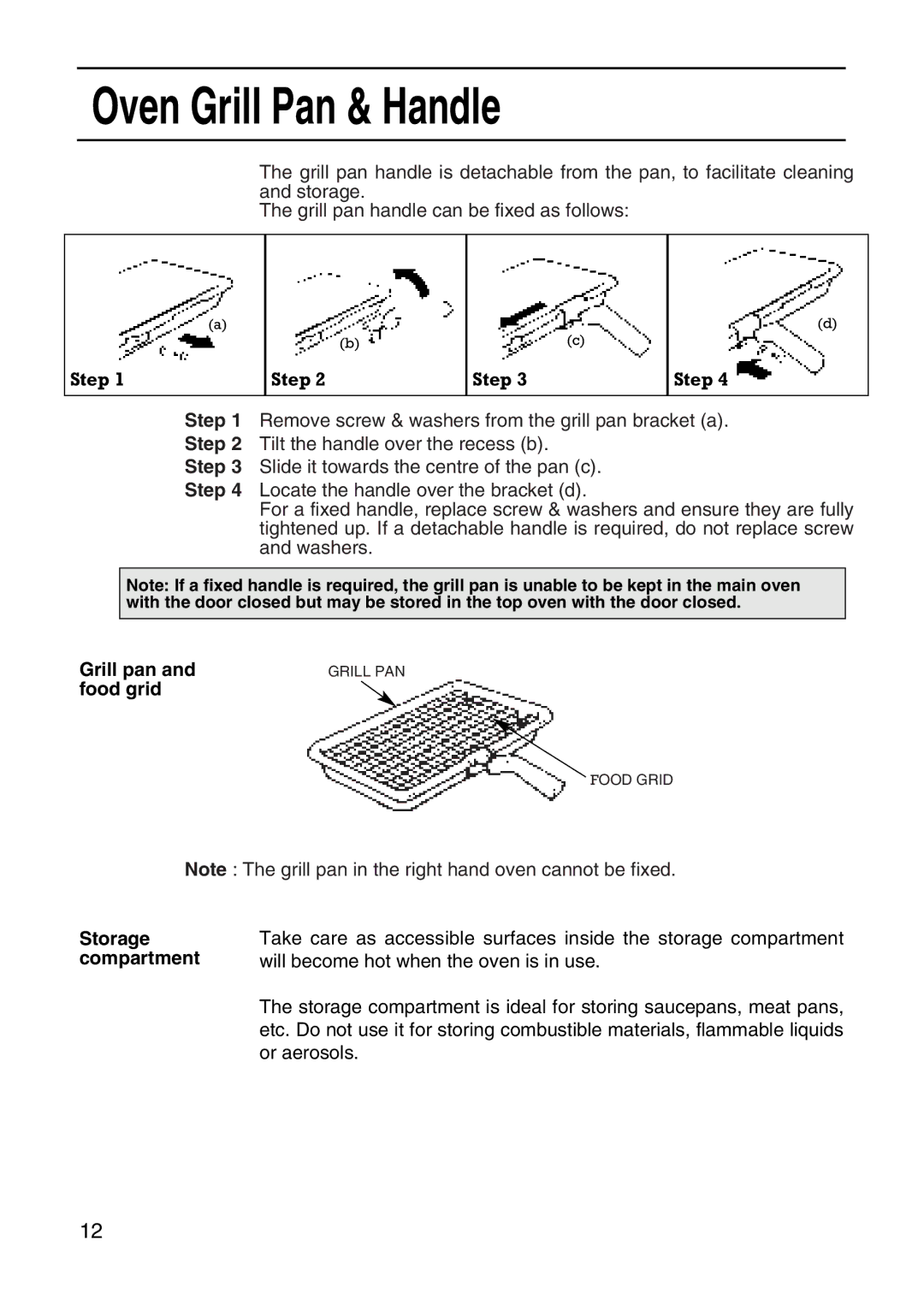 Hotpoint EG95 manual Oven Grill Pan & Handle, Grill pan and food grid, Storage compartment 