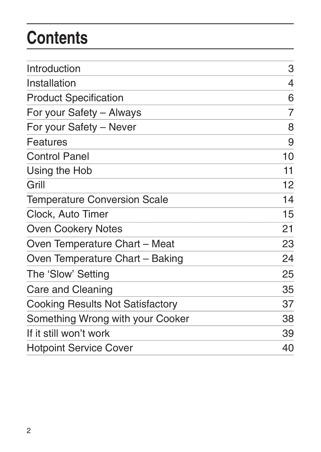 Hotpoint EG95 manual Contents 