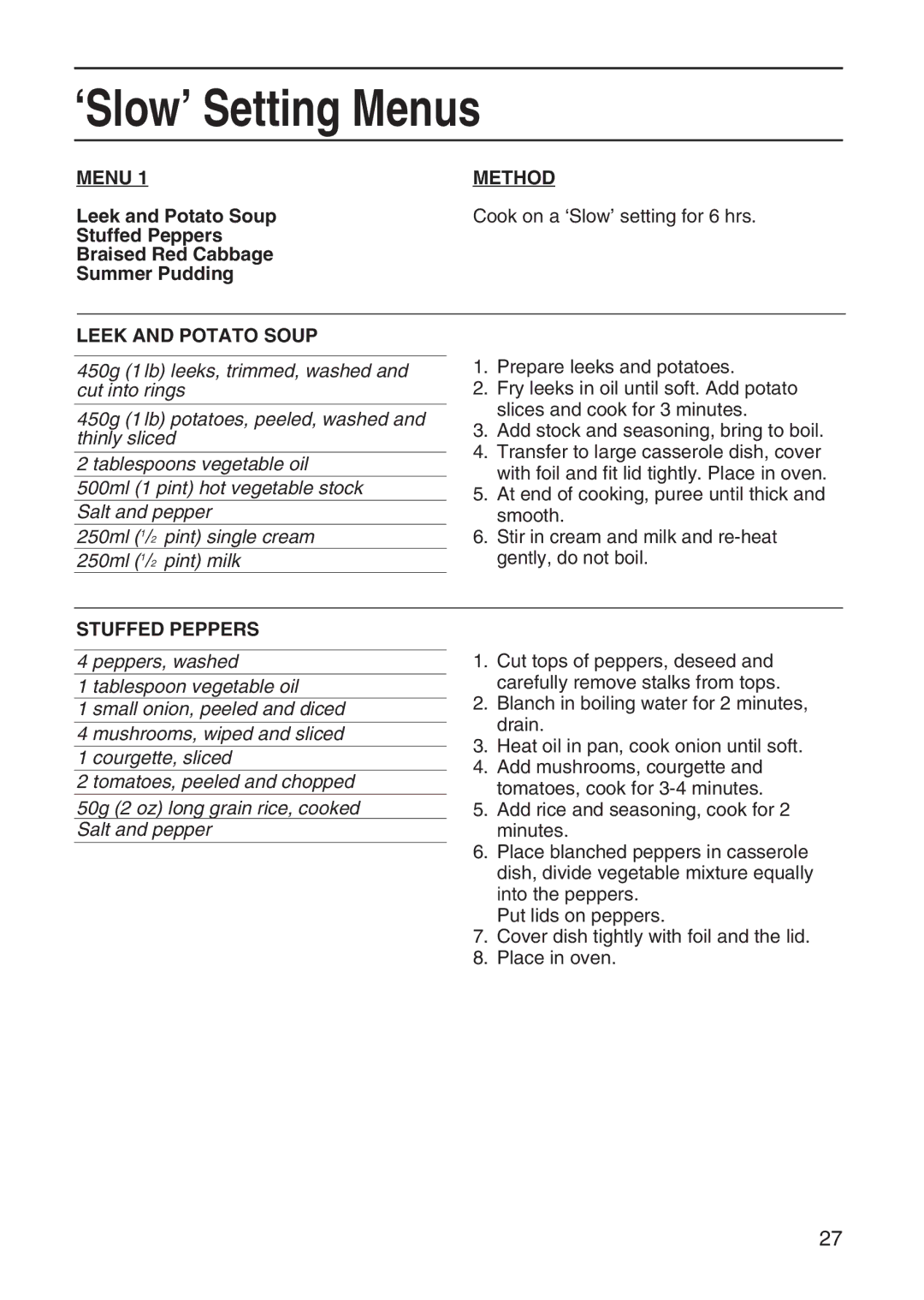 Hotpoint EG95 manual ‘Slow’ Setting Menus, Menu Method, Leek and Potato Soup, Stuffed Peppers 