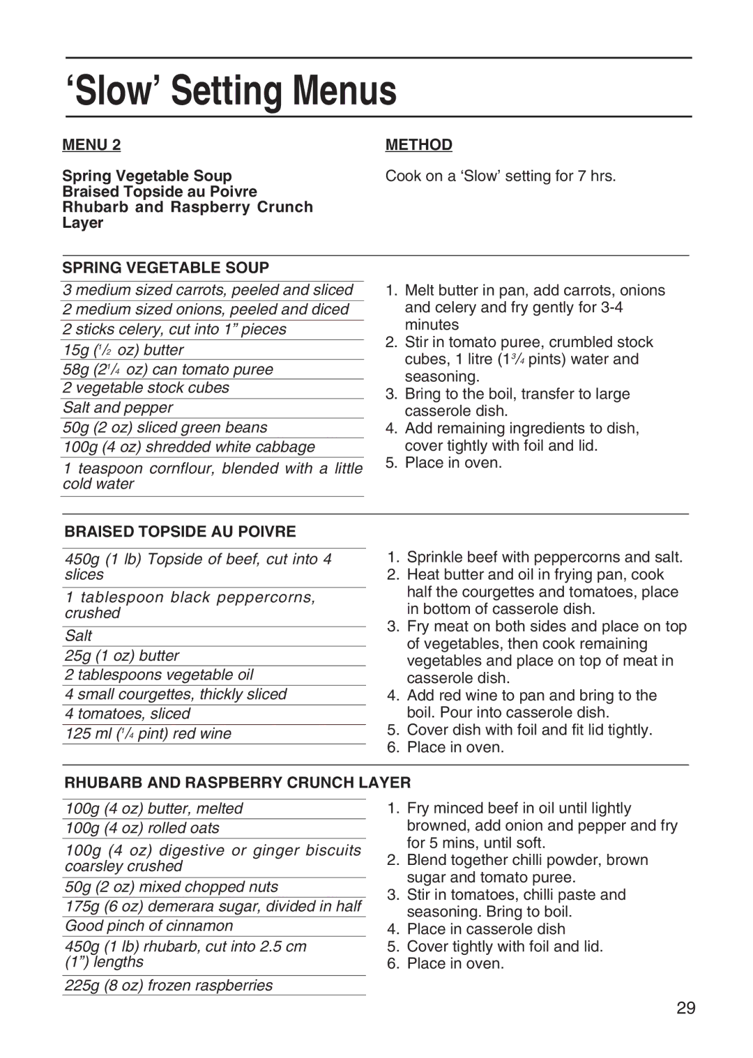 Hotpoint EG95 manual Menu, Spring Vegetable Soup, Braised Topside AU Poivre, Rhubarb and Raspberry Crunch Layer 