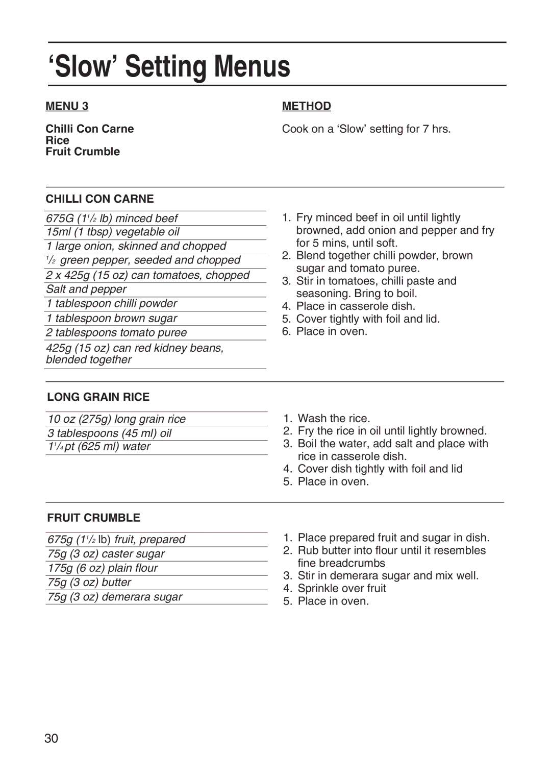 Hotpoint EG95 manual Chilli Con Carne, Rice Fruit Crumble, Chilli CON Carne, Long Grain Rice 