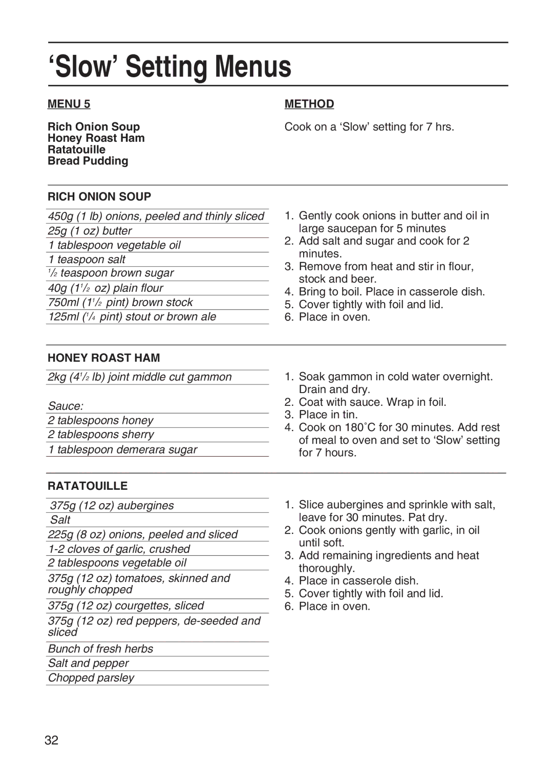 Hotpoint EG95 manual Rich Onion Soup, Honey Roast Ham Ratatouille Bread Pudding, Honey Roast HAM 