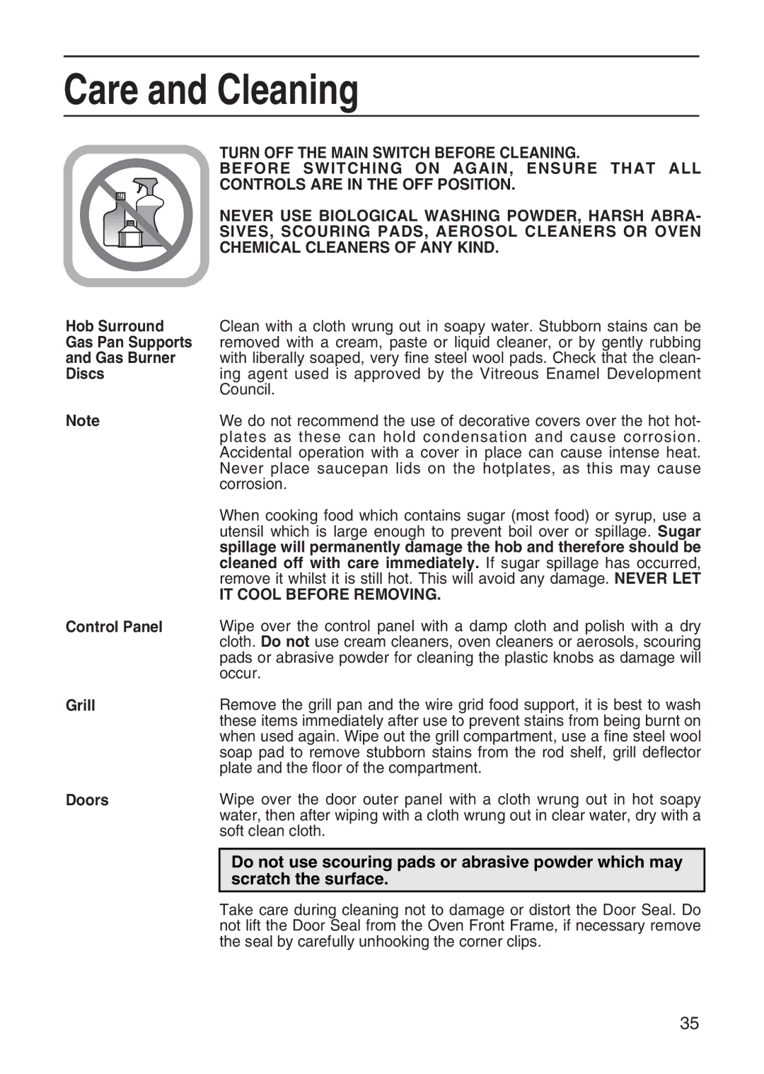 Hotpoint EG95 manual Care and Cleaning 