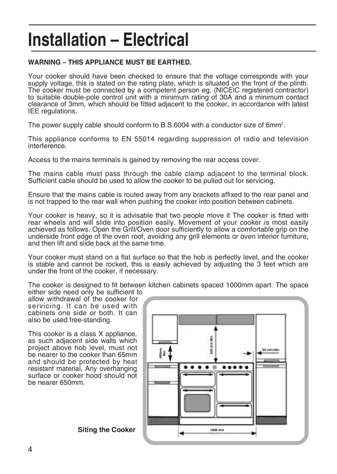 Hotpoint EG95 manual Installation Electrical, Siting the Cooker 