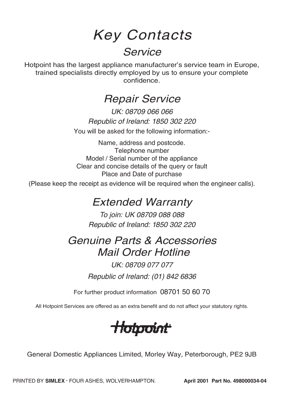 Hotpoint EG95 manual Key Contacts 