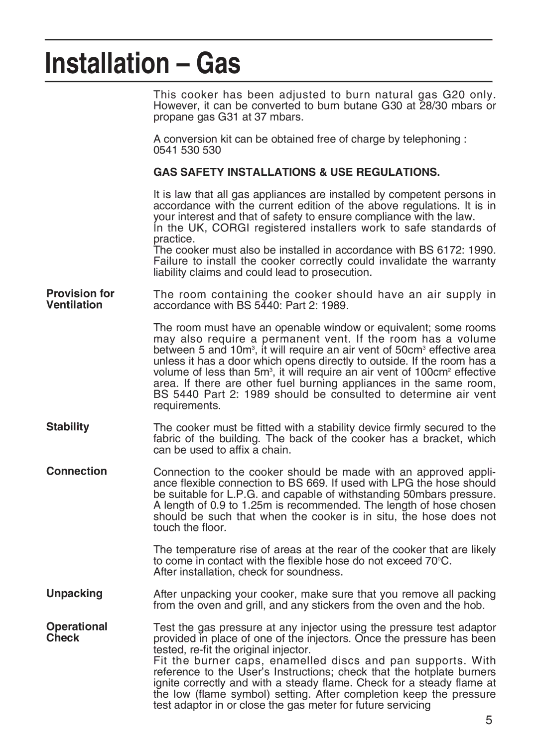 Hotpoint EG95 manual Installation Gas, GAS Safety Installations & USE Regulations 