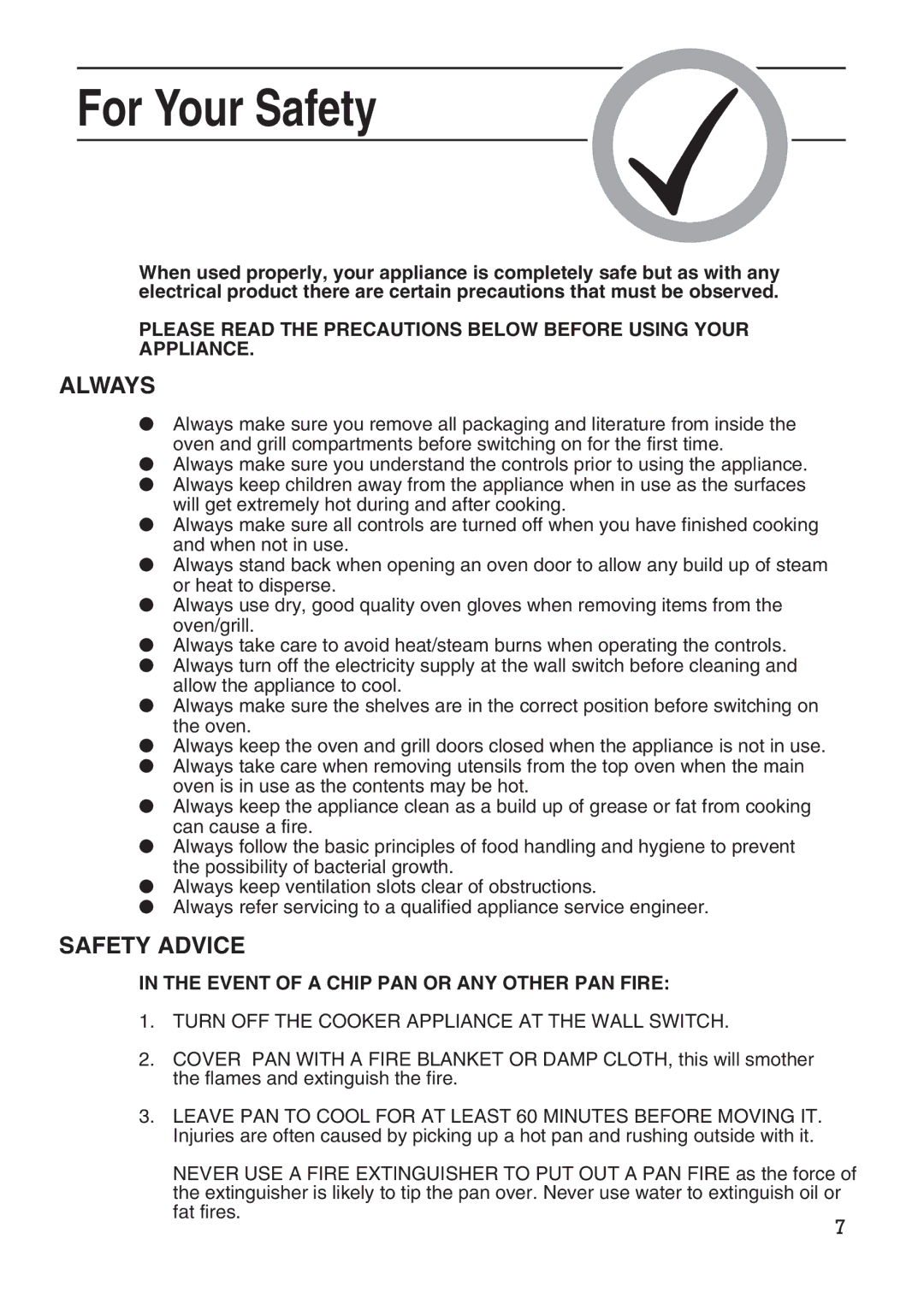 Hotpoint EG95 manual For Your Safety, Event of a Chip PAN or ANY Other PAN Fire 