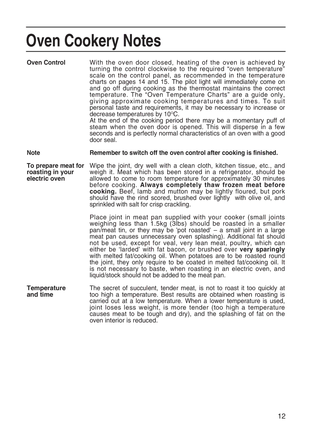 Hotpoint EH10 manual Oven Cookery Notes, Oven Control 