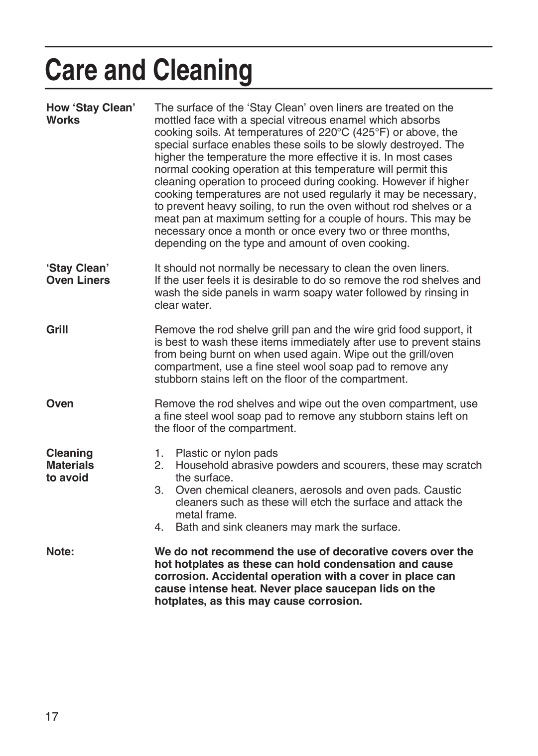 Hotpoint EH10 manual How ‘Stay Clean’, Works, Oven Liners, Grill, Cleaning, Materials, To avoid 