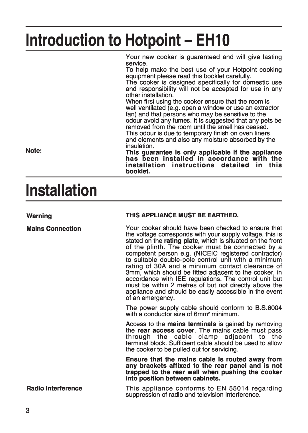 Hotpoint manual Introduction to Hotpoint - EH10, Installation, Mains Connection Radio Interference 