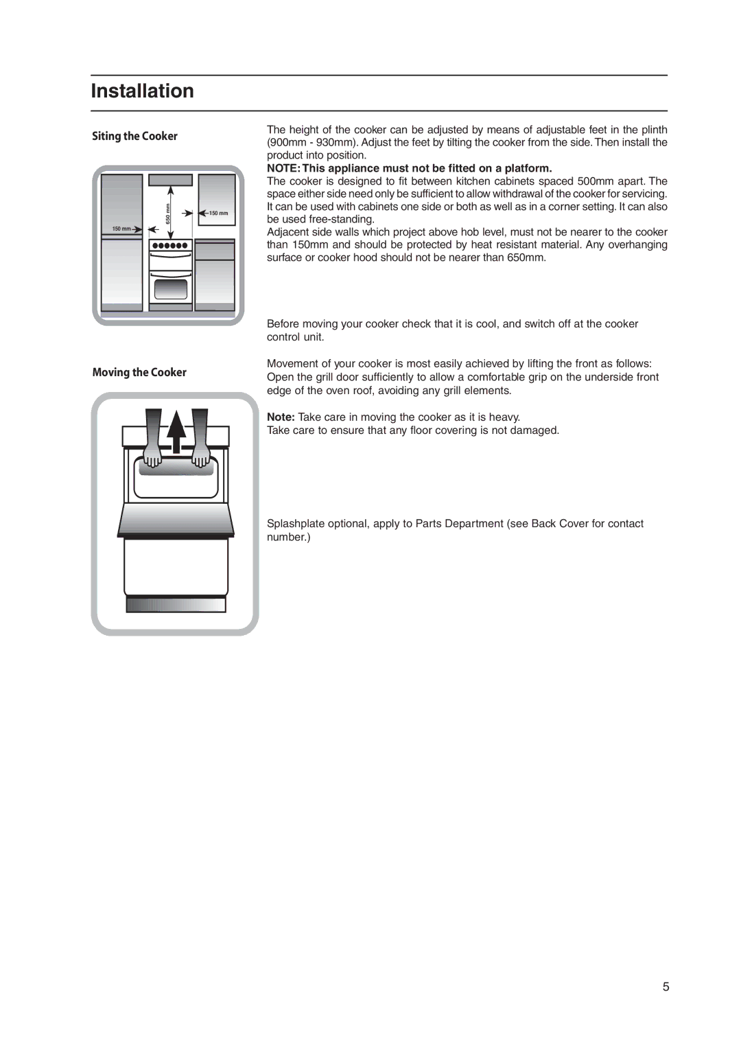 Hotpoint EK50 EW50, C358EWH, ARC50X, ARC50W, 51TCW manual Siting the Cooker 