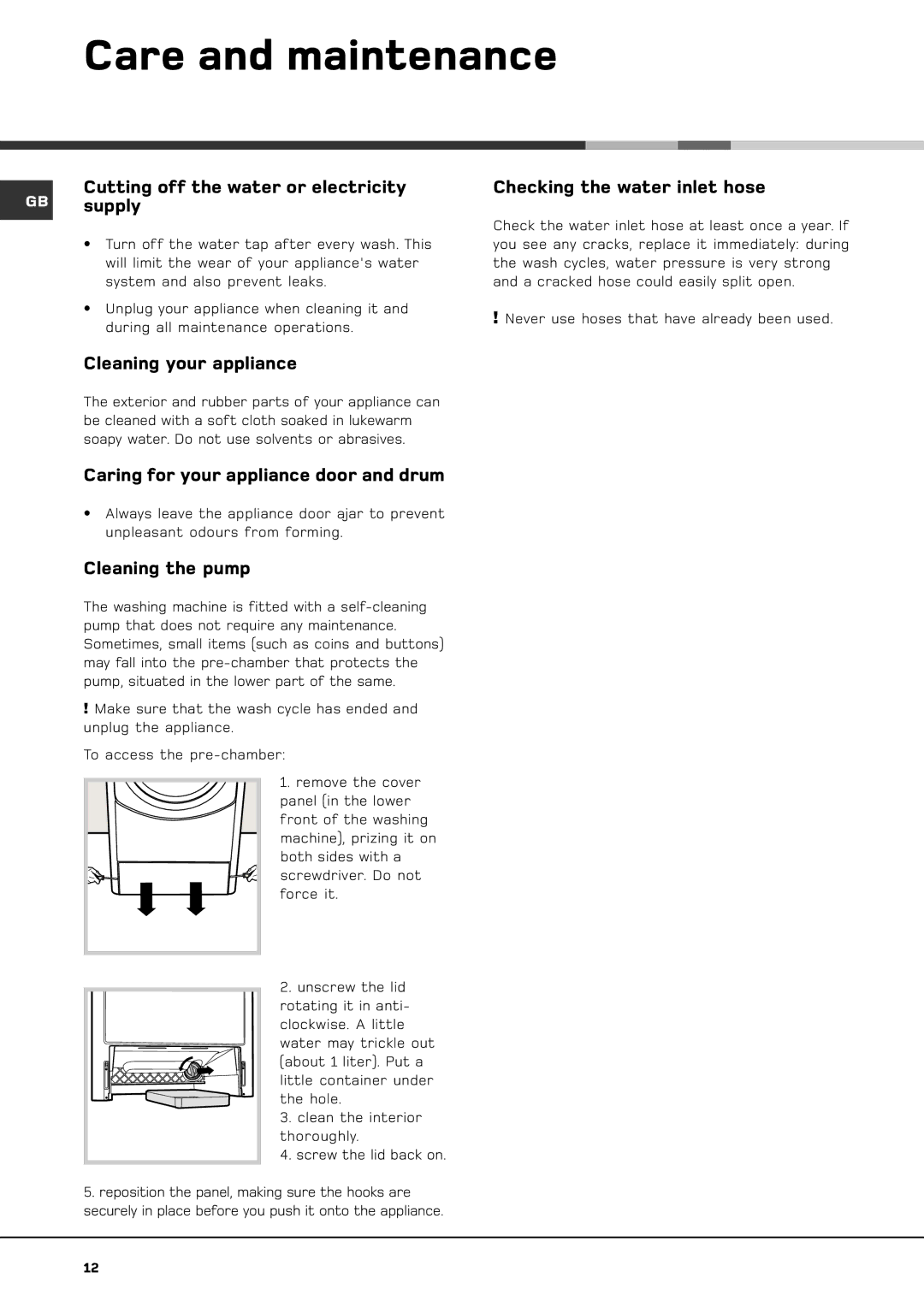 Hotpoint ET 1400 manual Care and maintenance 