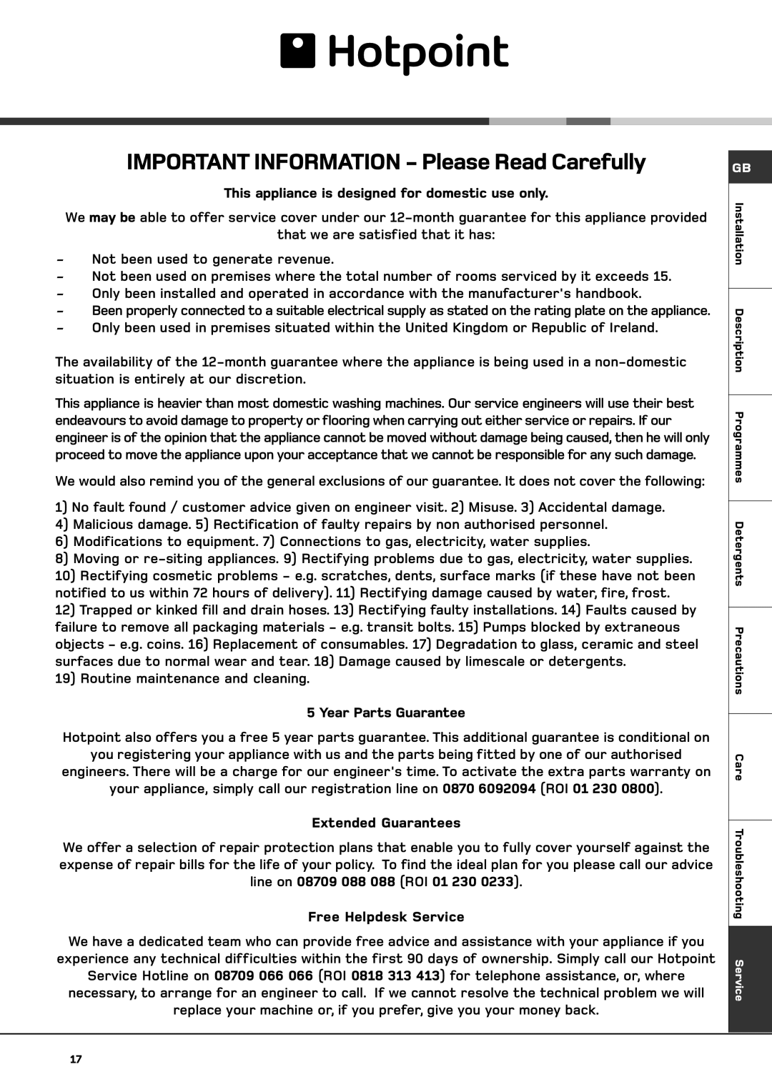 Hotpoint ET 1400 manual Important Information Please Read Carefully 