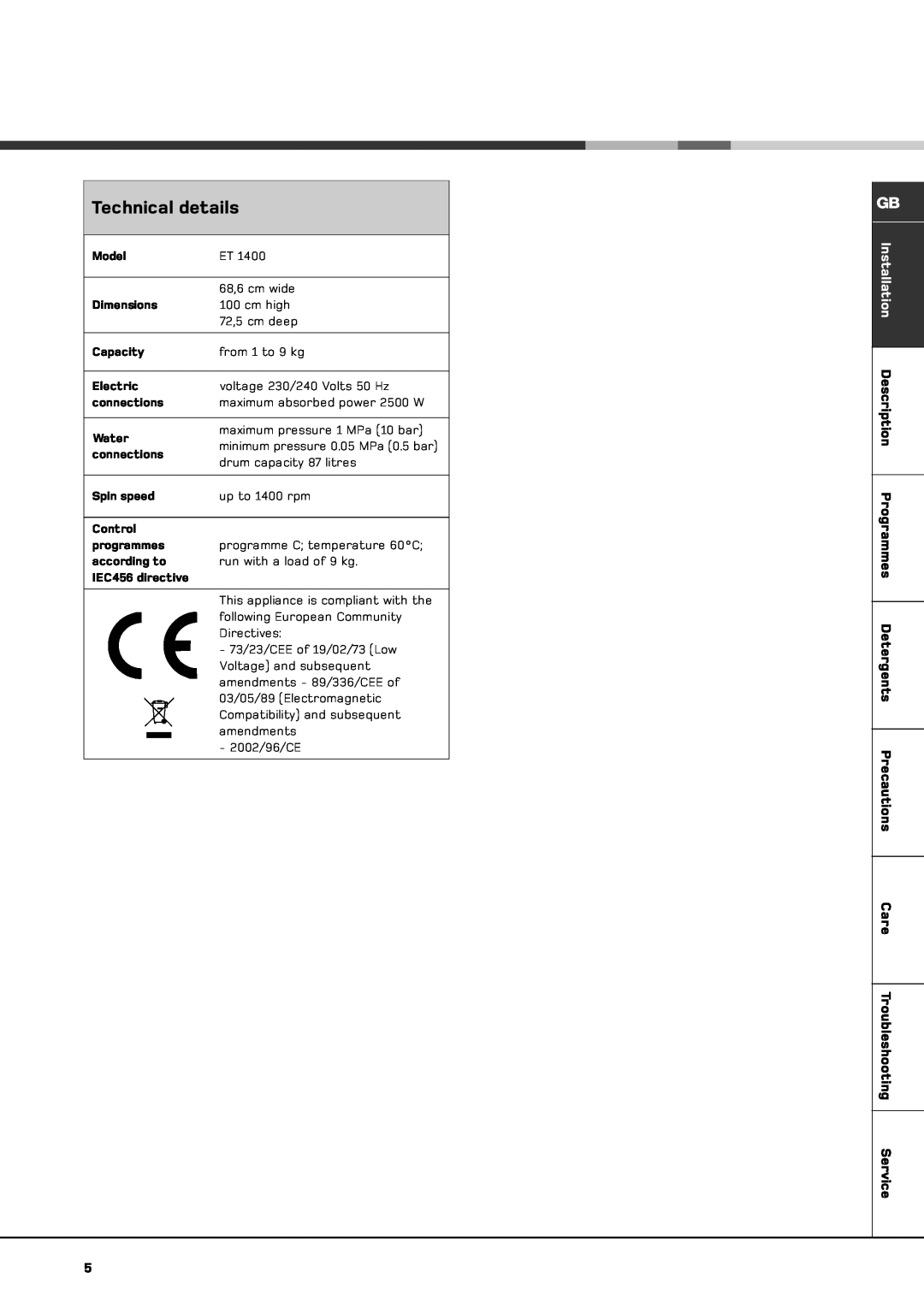 Hotpoint ET 1400 manual Technical details, Installation Description Programmes Detergents Precautions 