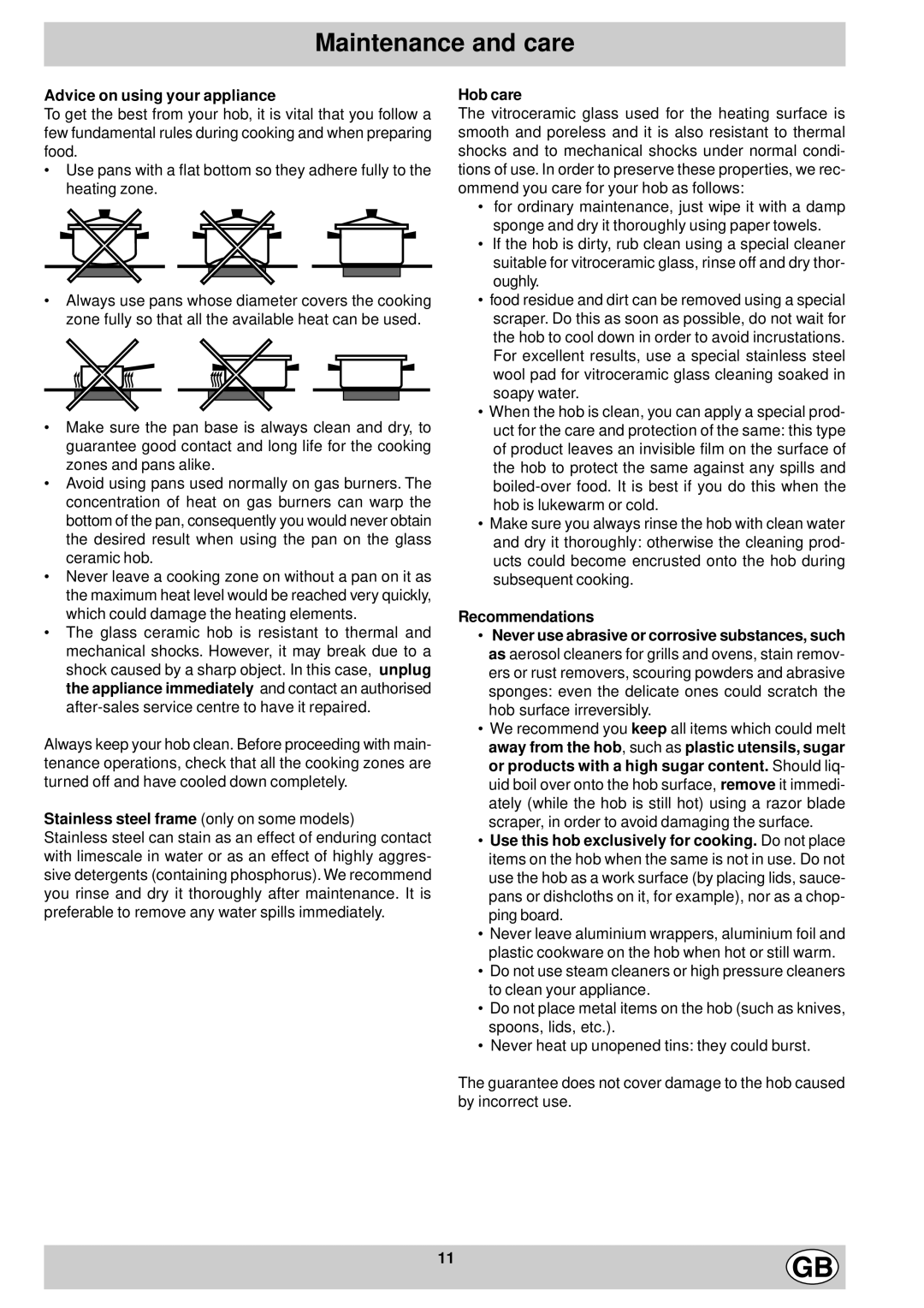 Hotpoint ET7424 Maintenance and care, Advice on using your appliance, Stainless steel frame only on some models, Hob care 