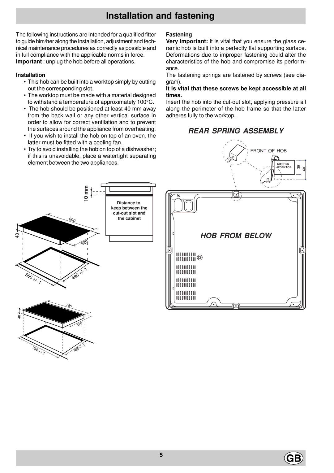 Hotpoint ET7424, ET6004, ET6124 manual Installation and fastening, Fastening 