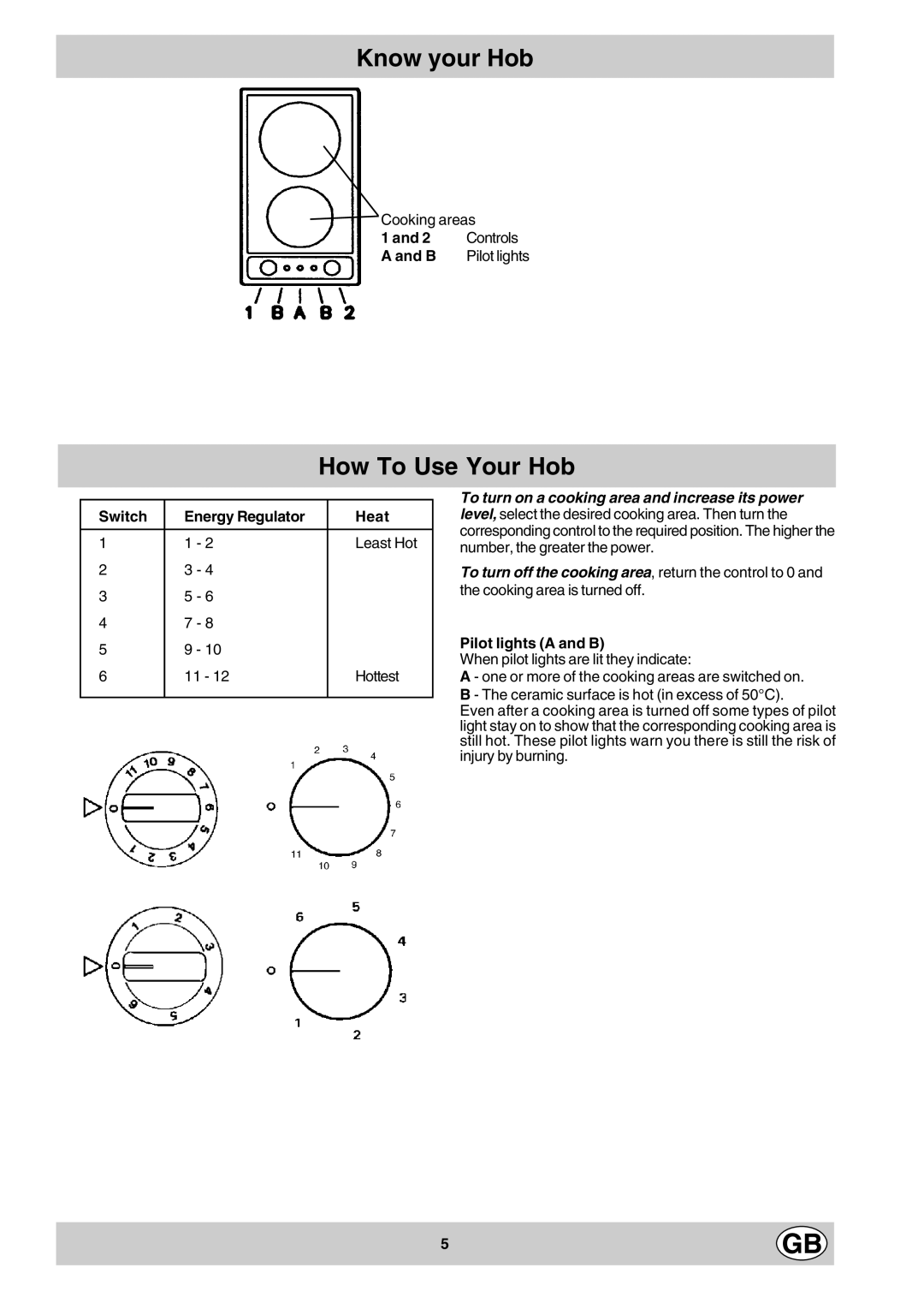 Hotpoint EV302X manual Know your Hob, How To Use Your Hob, Controls, Switch Energy Regulator Heat, Pilot lights a and B 