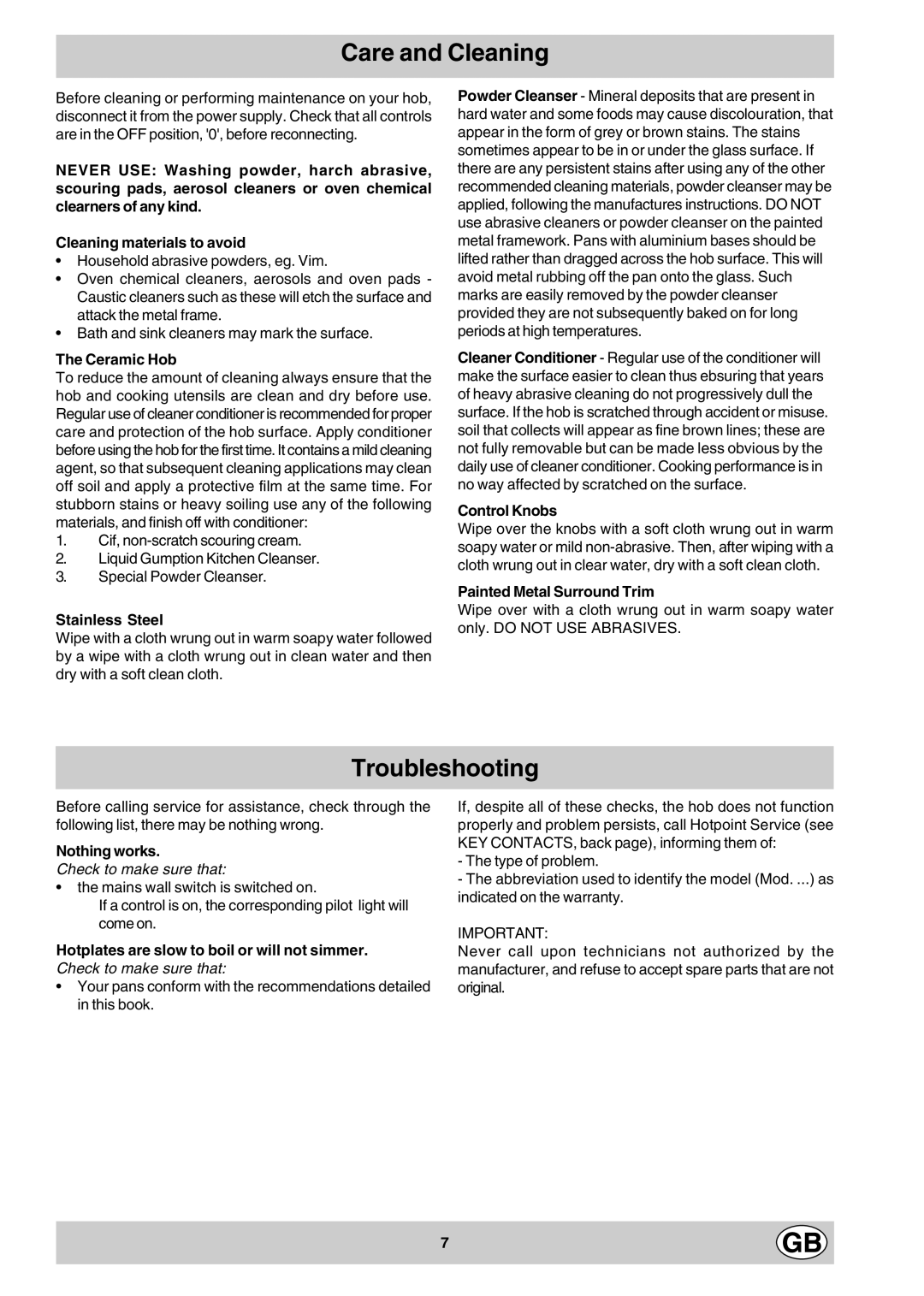 Hotpoint EV302X manual Care and Cleaning, Troubleshooting 