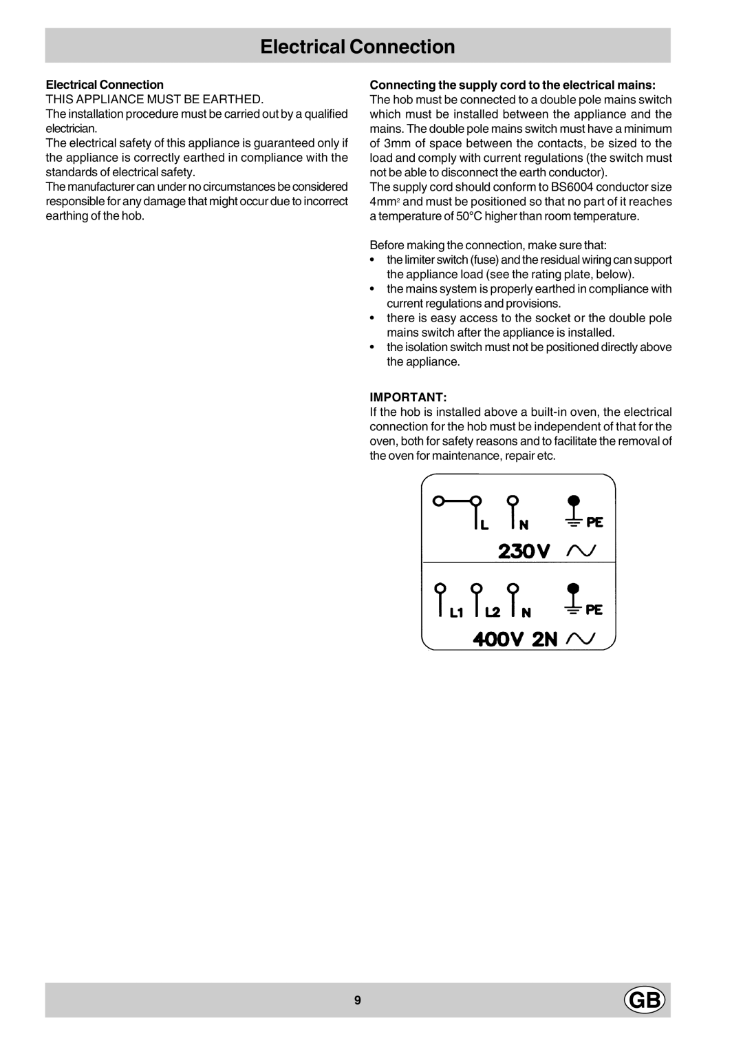 Hotpoint EV302X manual Electrical Connection 