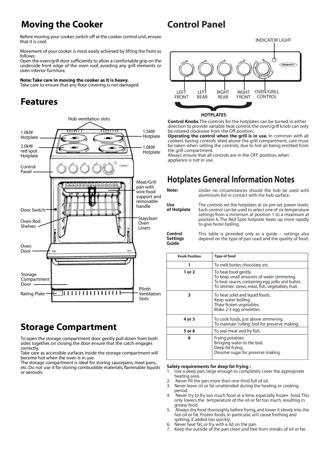 Hotpoint EW11E manual Moving the Cooker, Features, Storage Compartment, Hotplates 