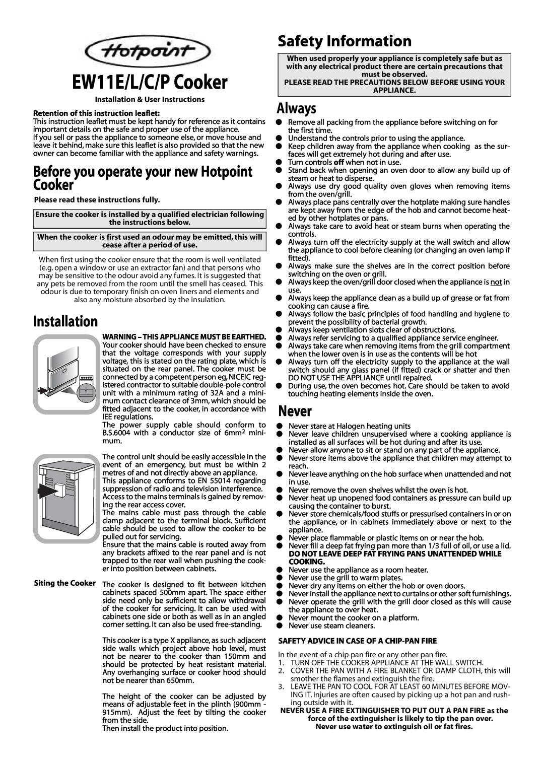 Hotpoint manual Before you operate your new Hotpoint Cooker, Safety Information, Always, Never, EW11E/L/C/P Cooker 